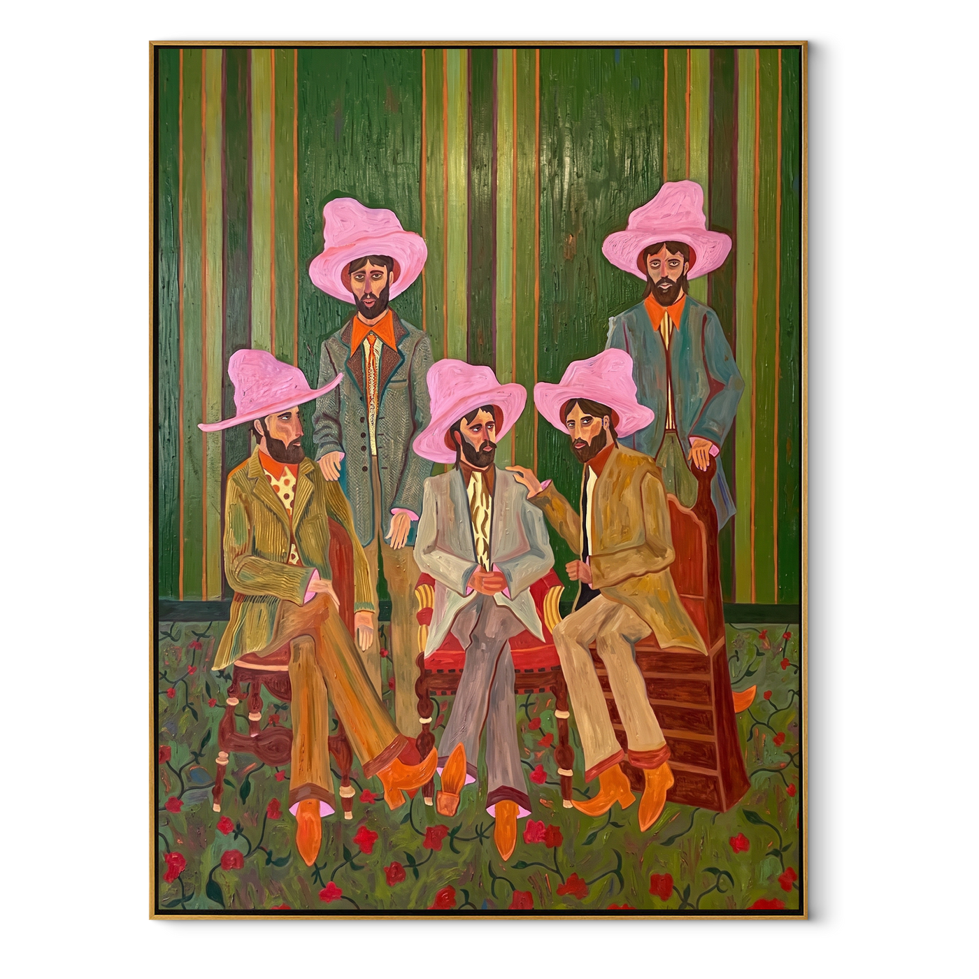 Pink Hats Gather at Dawn - five pink hat cowboys painting by Savannah Reed, modern folk art vertical wall art – wood frame on white background