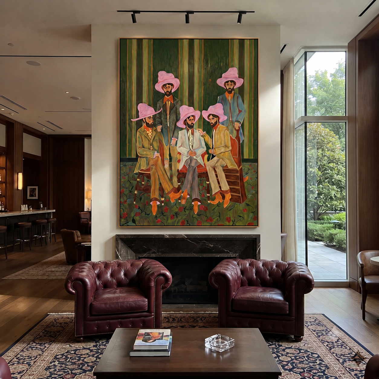 Pink Hats Gather at Dawn - five pink hat cowboys painting by Savannah Reed, modern folk art vertical wall art – styled room scene view 2