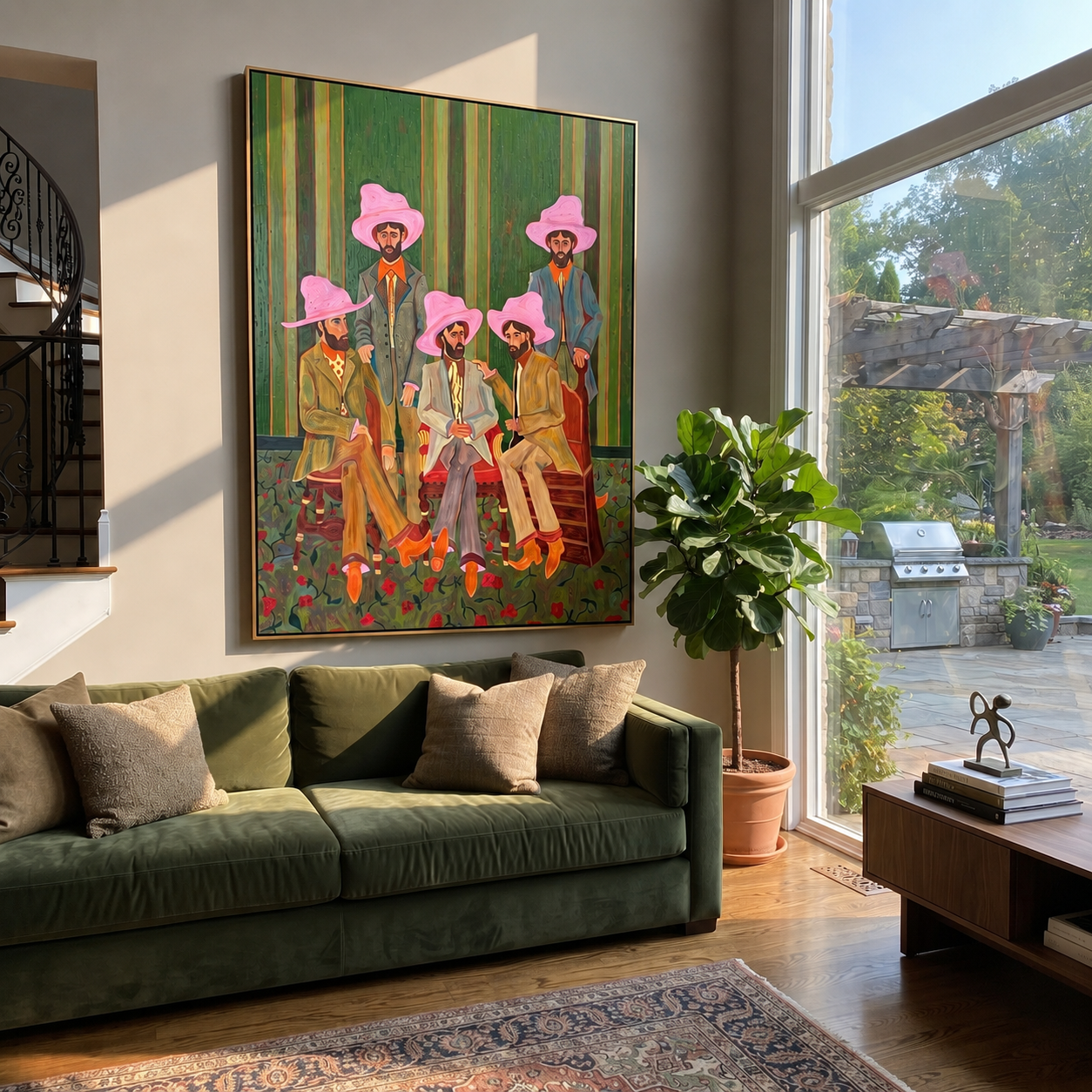 Pink Hats Gather at Dawn - five pink hat cowboys painting by Savannah Reed, modern folk art vertical wall art – styled room scene view 3