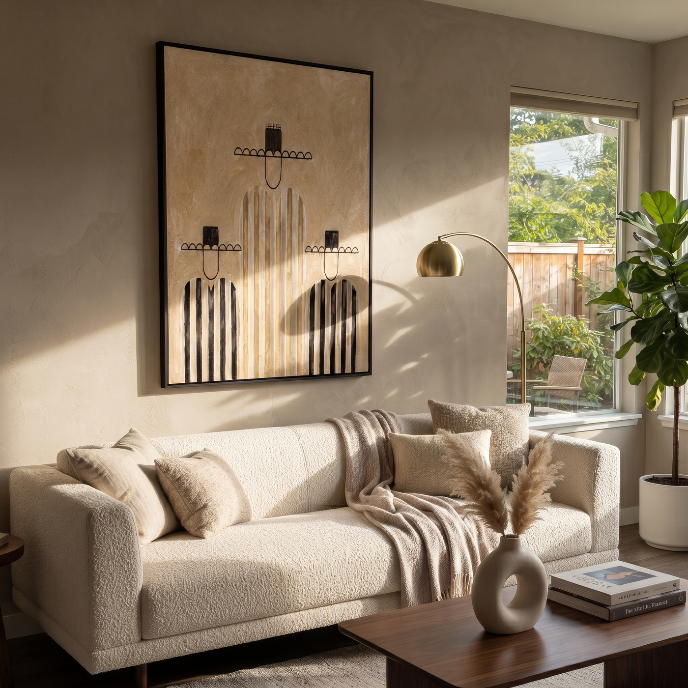 Quiet Stripes Build a Family - three minimalist cowboy figures painting by Savannah Reed, modern folk art vertical wall art – styled room scene view 1