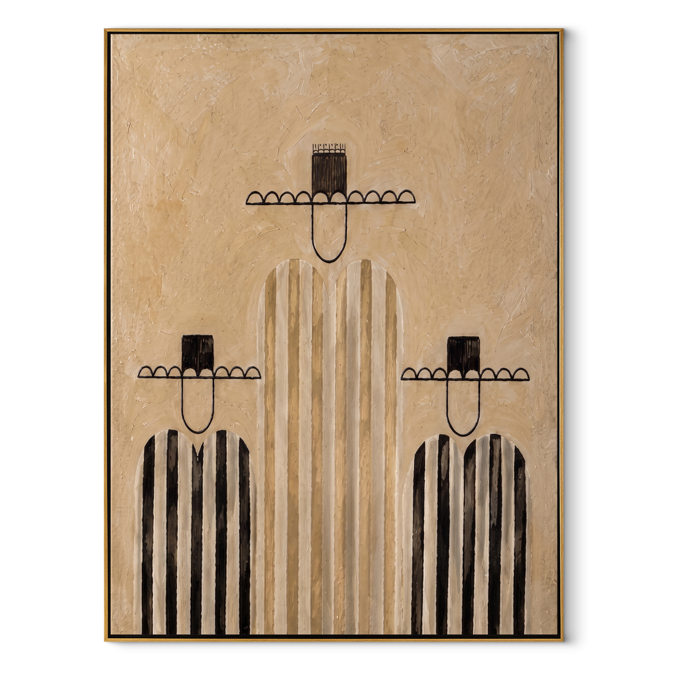 Quiet Stripes Build a Family - three minimalist cowboy figures painting by Savannah Reed, modern folk art vertical wall art – wood frame on white background