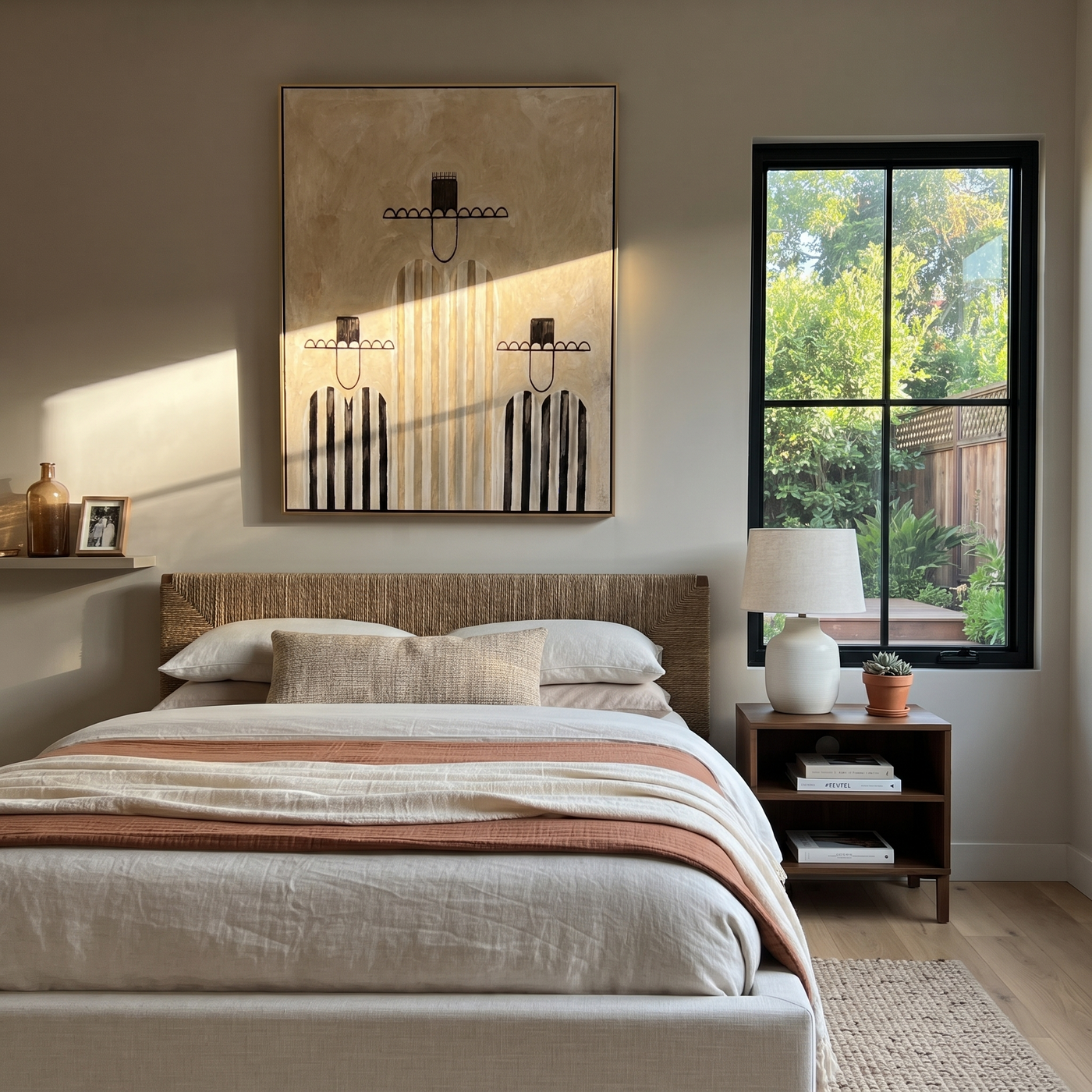 Quiet Stripes Build a Family - three minimalist cowboy figures painting by Savannah Reed, modern folk art vertical wall art – styled room scene view 2