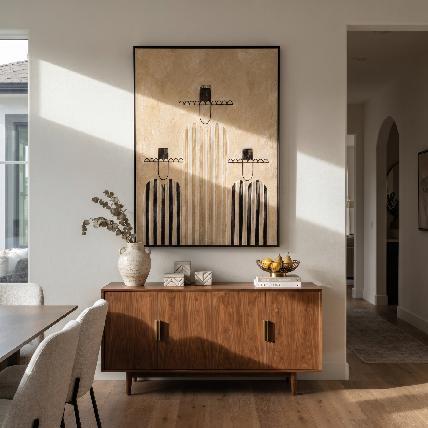 Quiet Stripes Build a Family - three minimalist cowboy figures painting by Savannah Reed, modern folk art vertical wall art – styled room scene view 3
