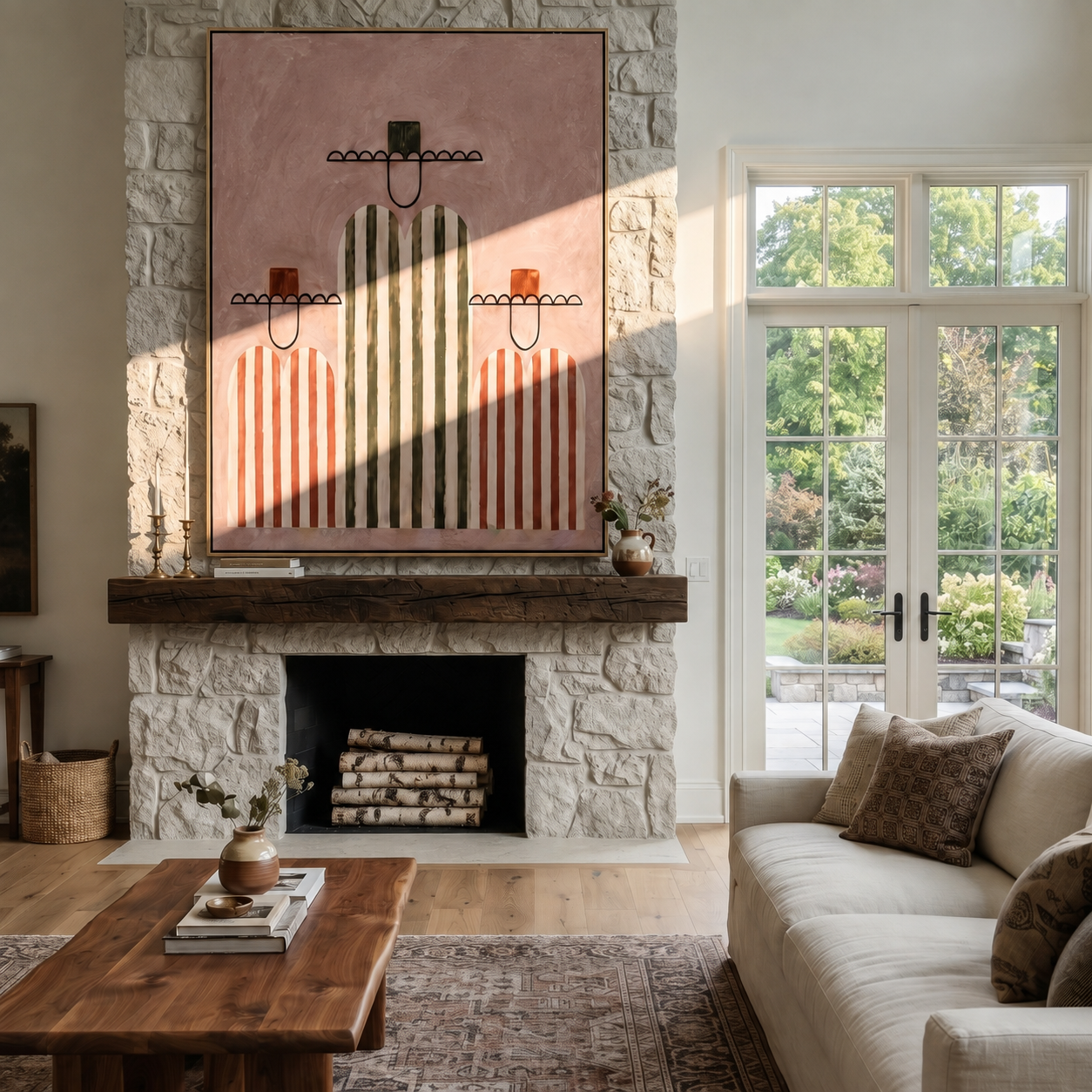 Rose Stripes Hold the Center - three minimalist western figures painting by Savannah Reed, modern folk art vertical wall art – styled room scene view 1