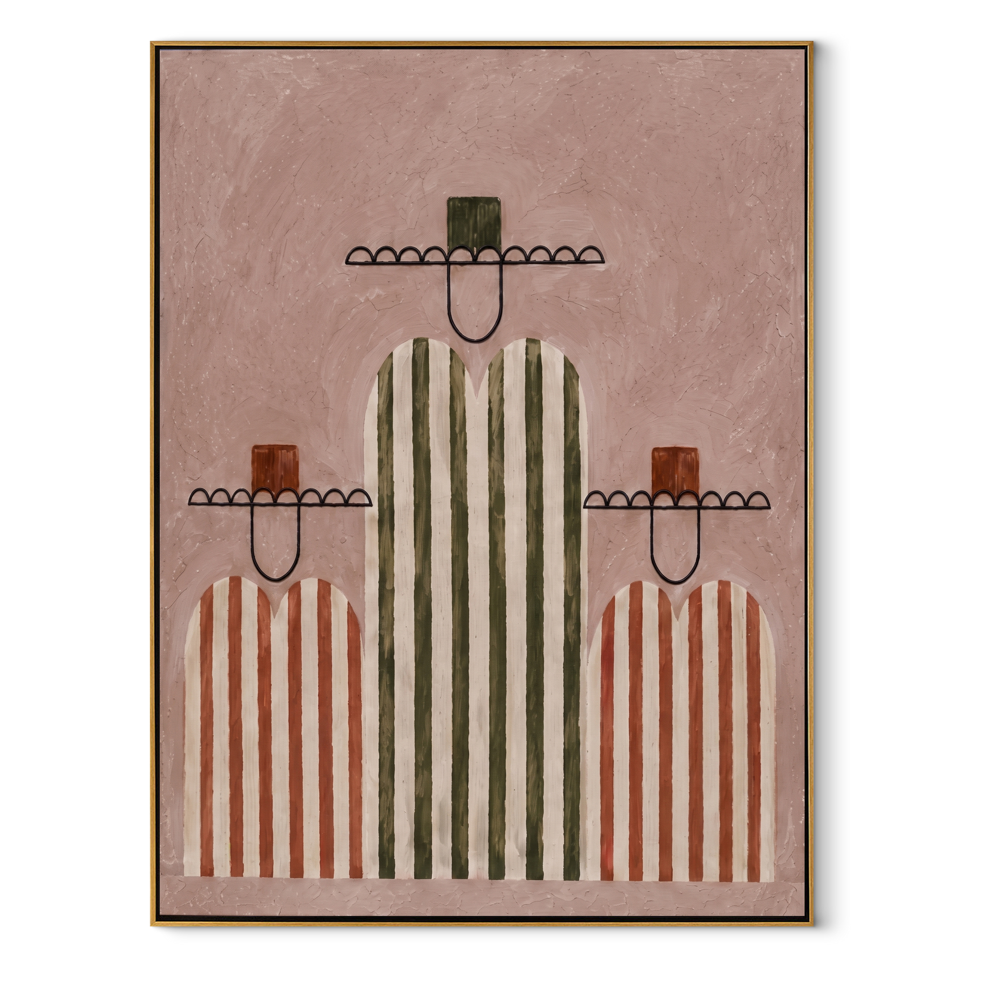 Rose Stripes Hold the Center - three minimalist western figures painting by Savannah Reed, modern folk art vertical wall art – wood frame on white background