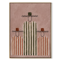 Rose Stripes Hold the Center - three minimalist western figures painting by Savannah Reed, modern folk art vertical wall art – wood frame on white background