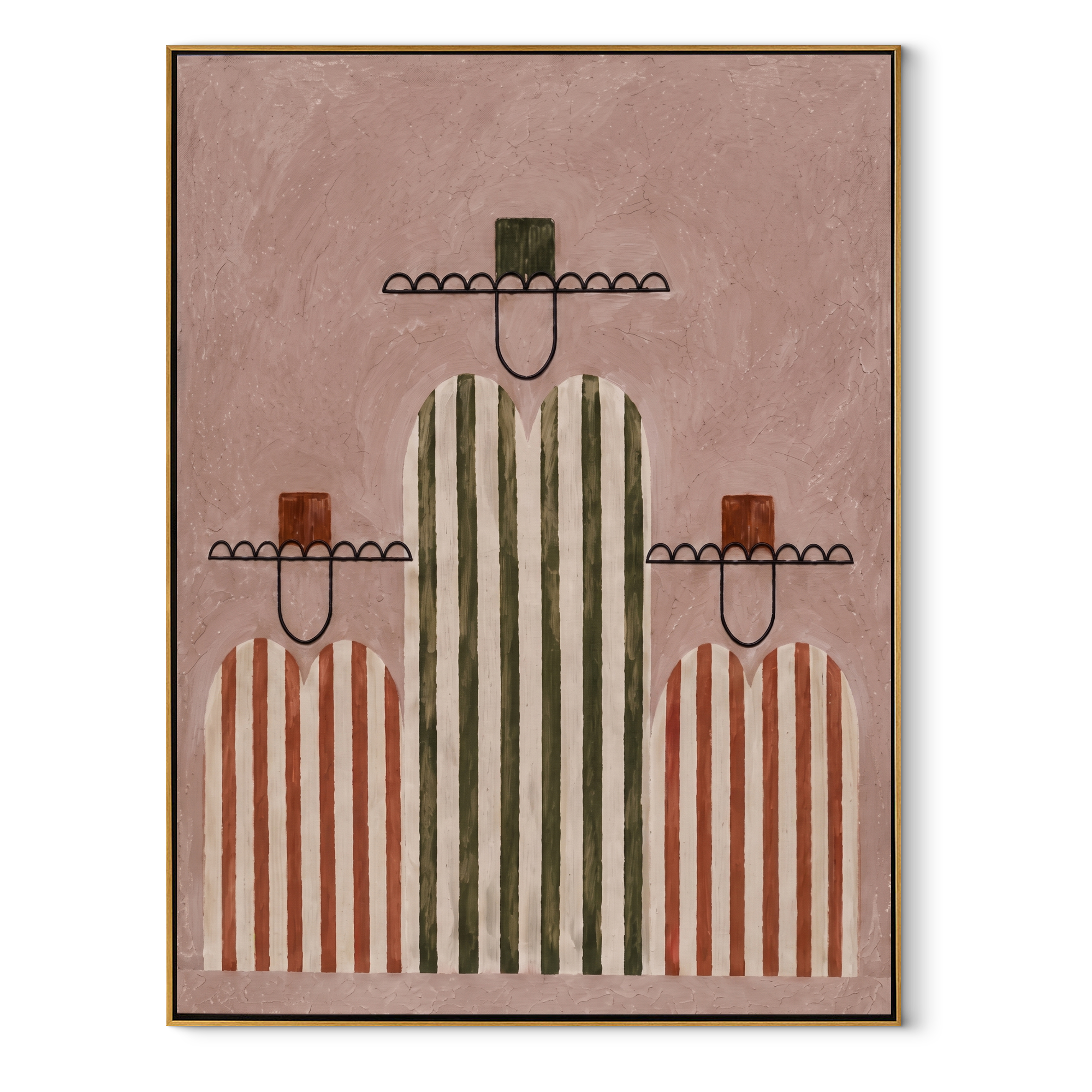 Rose Stripes Hold the Center - three minimalist western figures painting by Savannah Reed, modern folk art vertical wall art – wood frame on white background