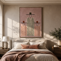 Rose Stripes Hold the Center - three minimalist western figures painting by Savannah Reed, modern folk art vertical wall art – styled room scene view 2