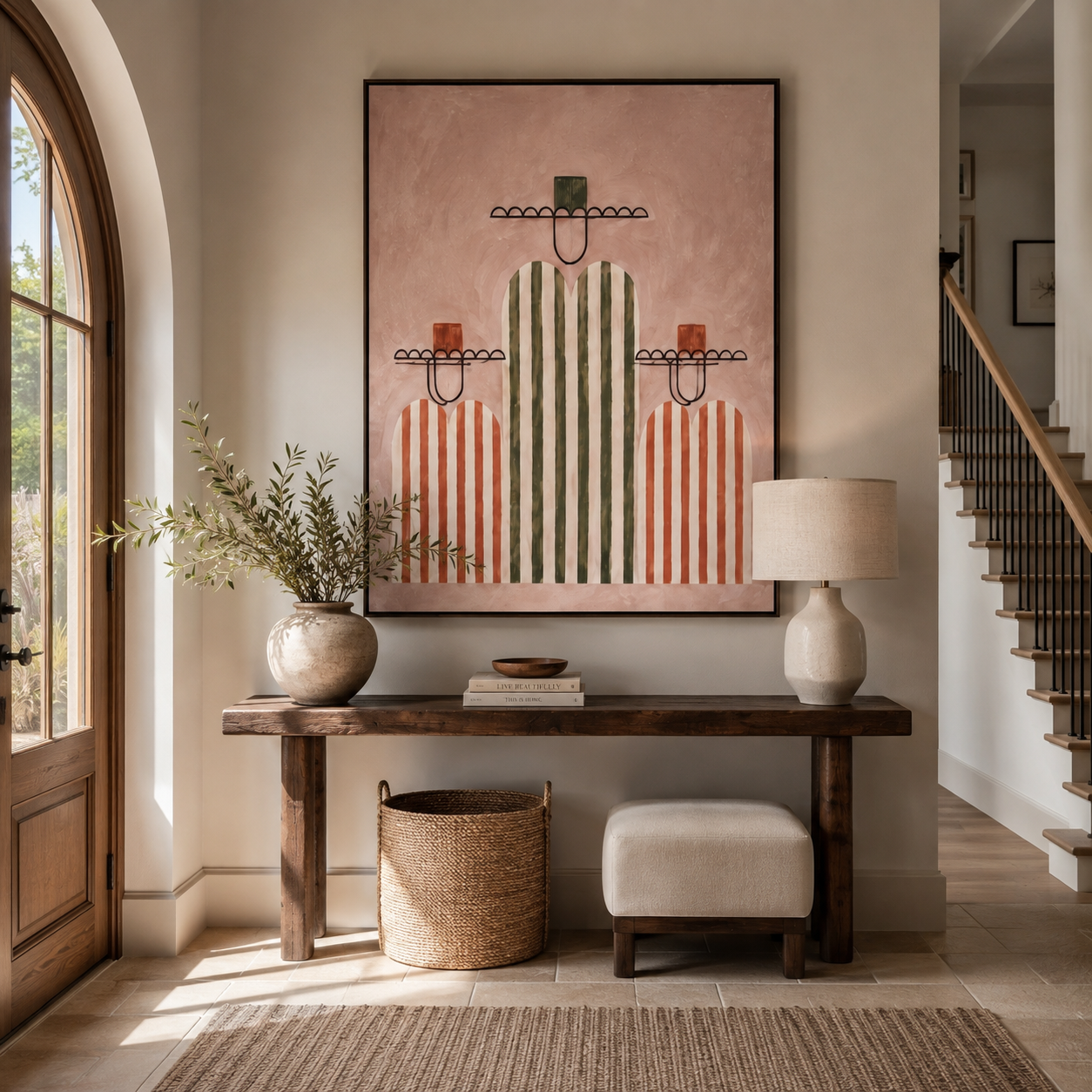 Rose Stripes Hold the Center - three minimalist western figures painting by Savannah Reed, modern folk art vertical wall art – styled room scene view 3