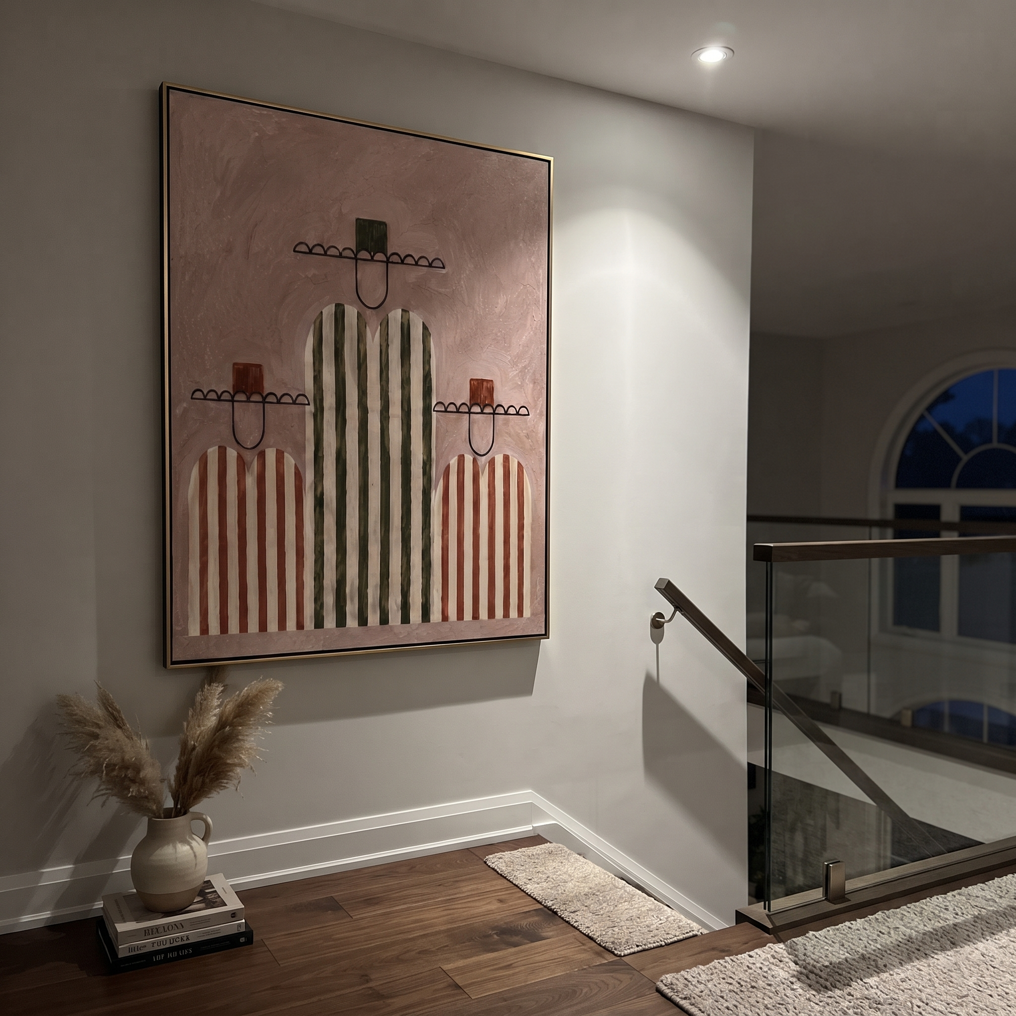 Rose Stripes Hold the Center - three minimalist western figures painting by Savannah Reed, modern folk art vertical wall art – styled room scene view 4
