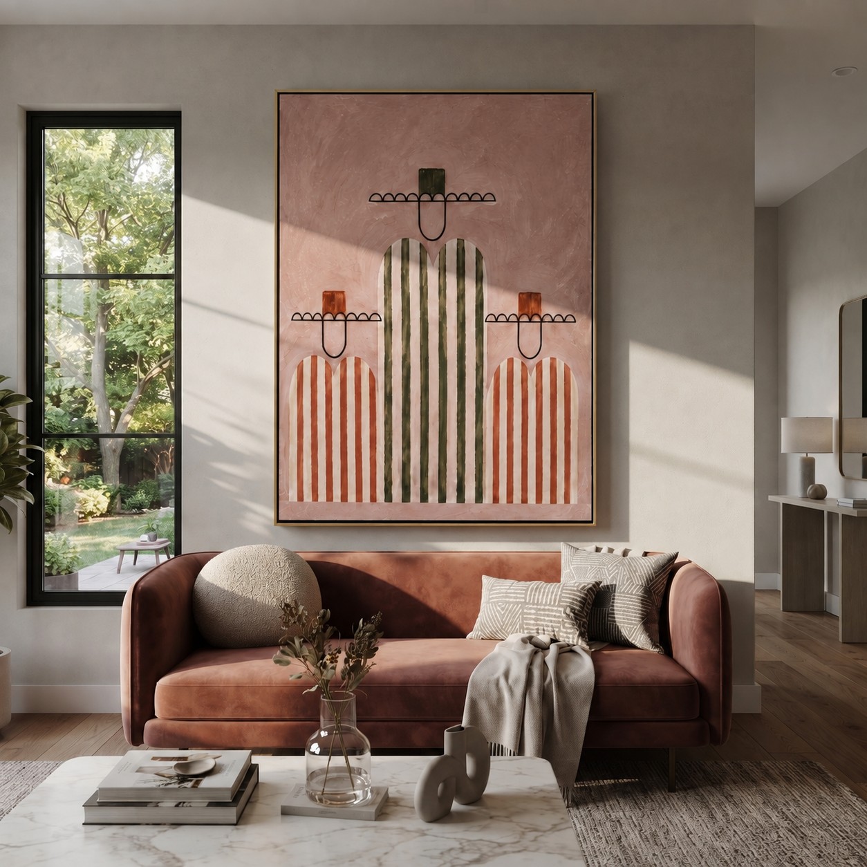 Rose Stripes Hold the Center - three minimalist western figures painting by Savannah Reed, modern folk art vertical wall art – styled room scene view 5