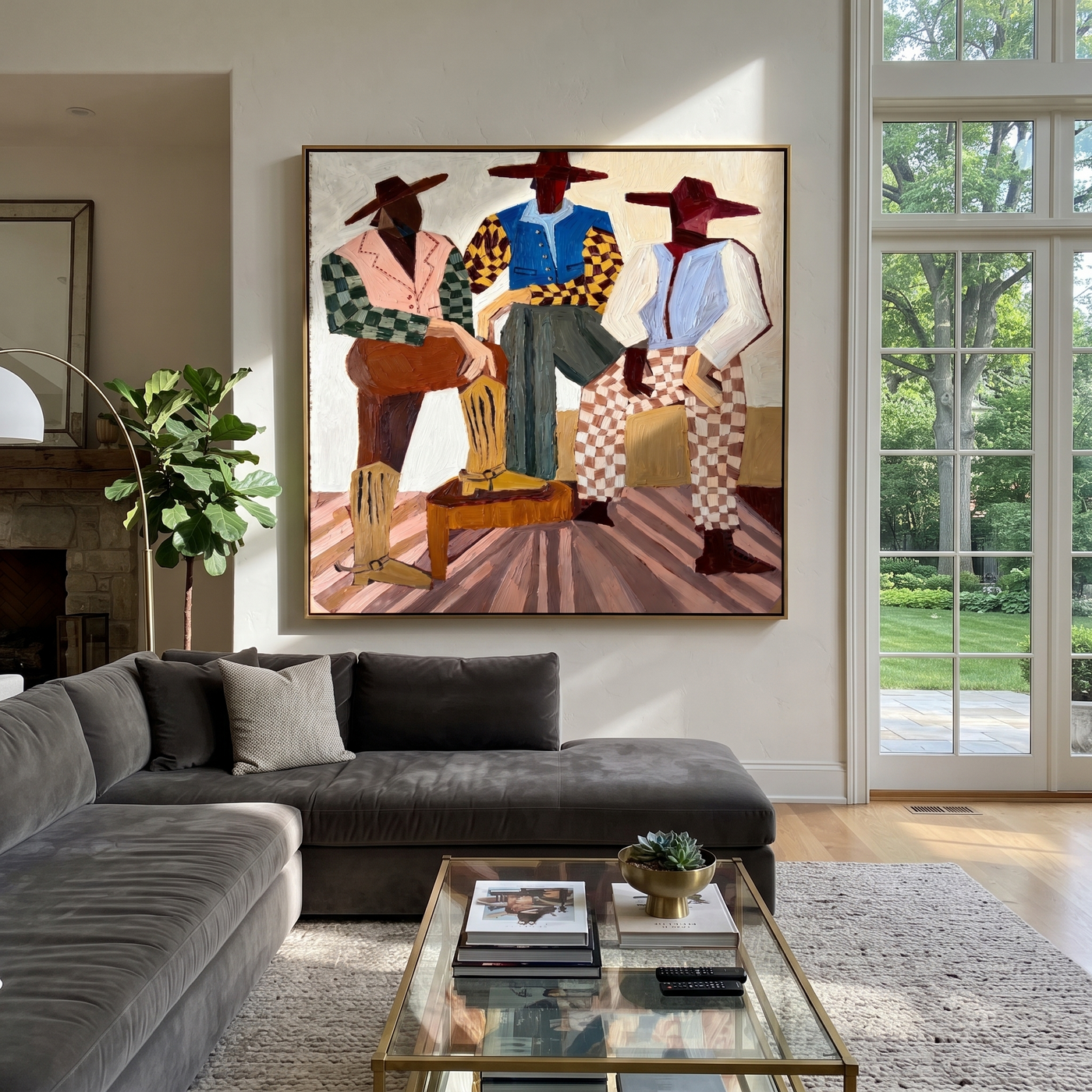 Checkered Riders Take the Floor - three colorful cowboys painting by Savannah Reed, modern folk art square wall art – styled room scene view 1