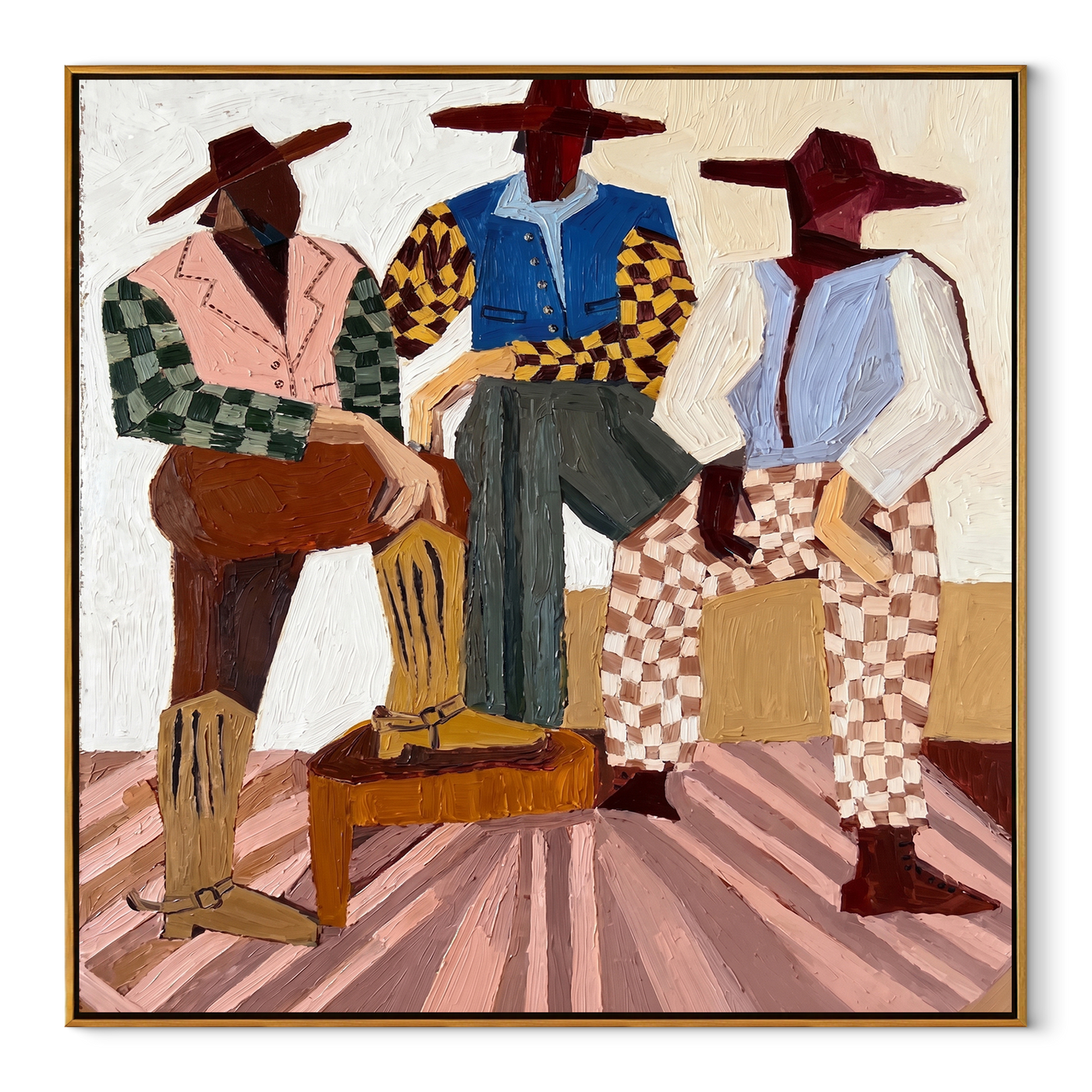 Checkered Riders Take the Floor - three colorful cowboys painting by Savannah Reed, modern folk art square wall art – wood frame on white background