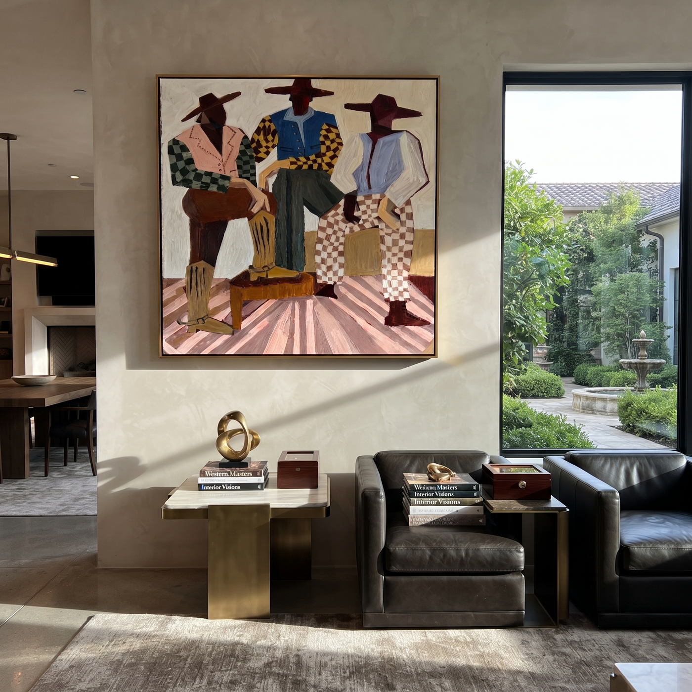Checkered Riders Take the Floor - three colorful cowboys painting by Savannah Reed, modern folk art square wall art – styled room scene view 2