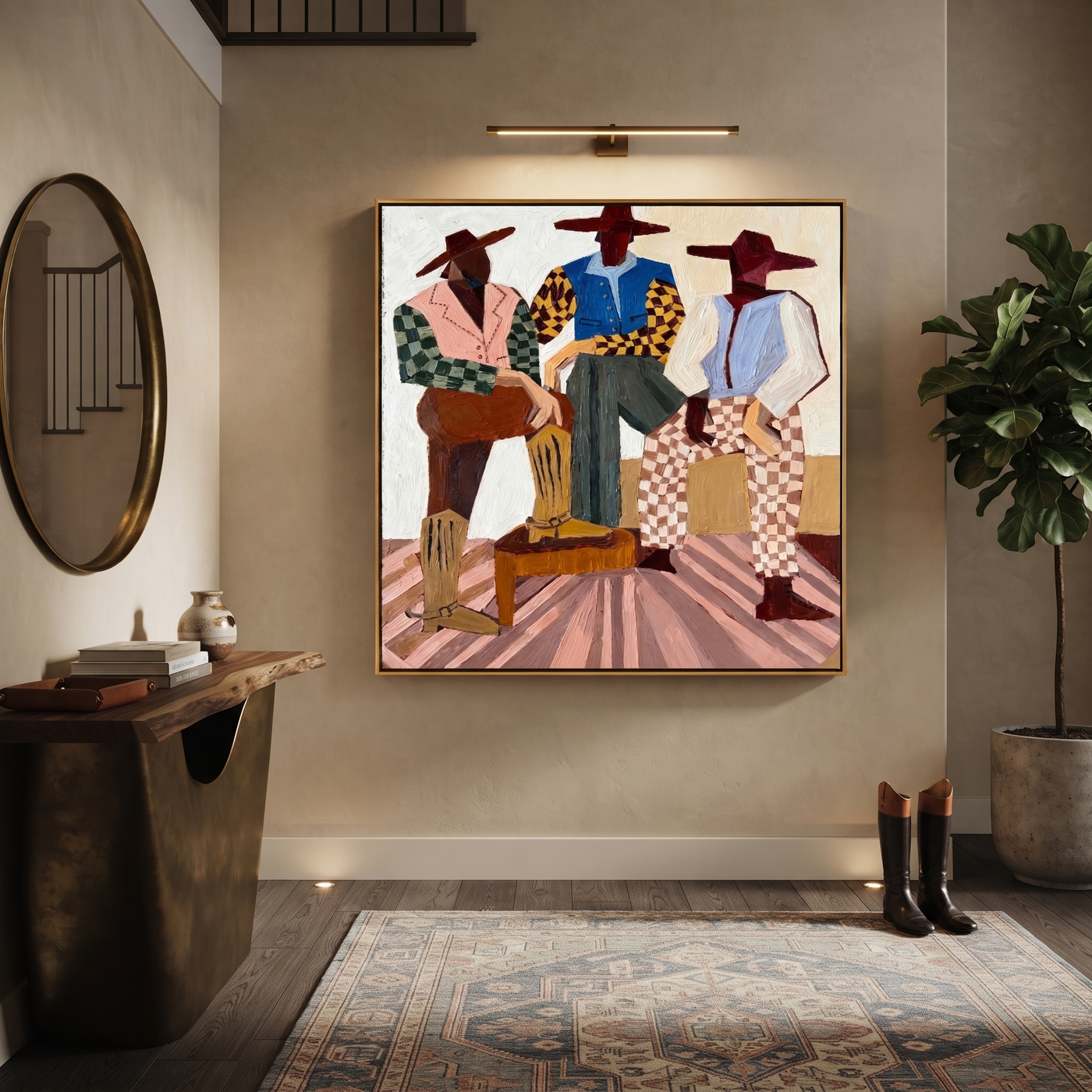 Checkered Riders Take the Floor - three colorful cowboys painting by Savannah Reed, modern folk art square wall art – styled room scene view 3