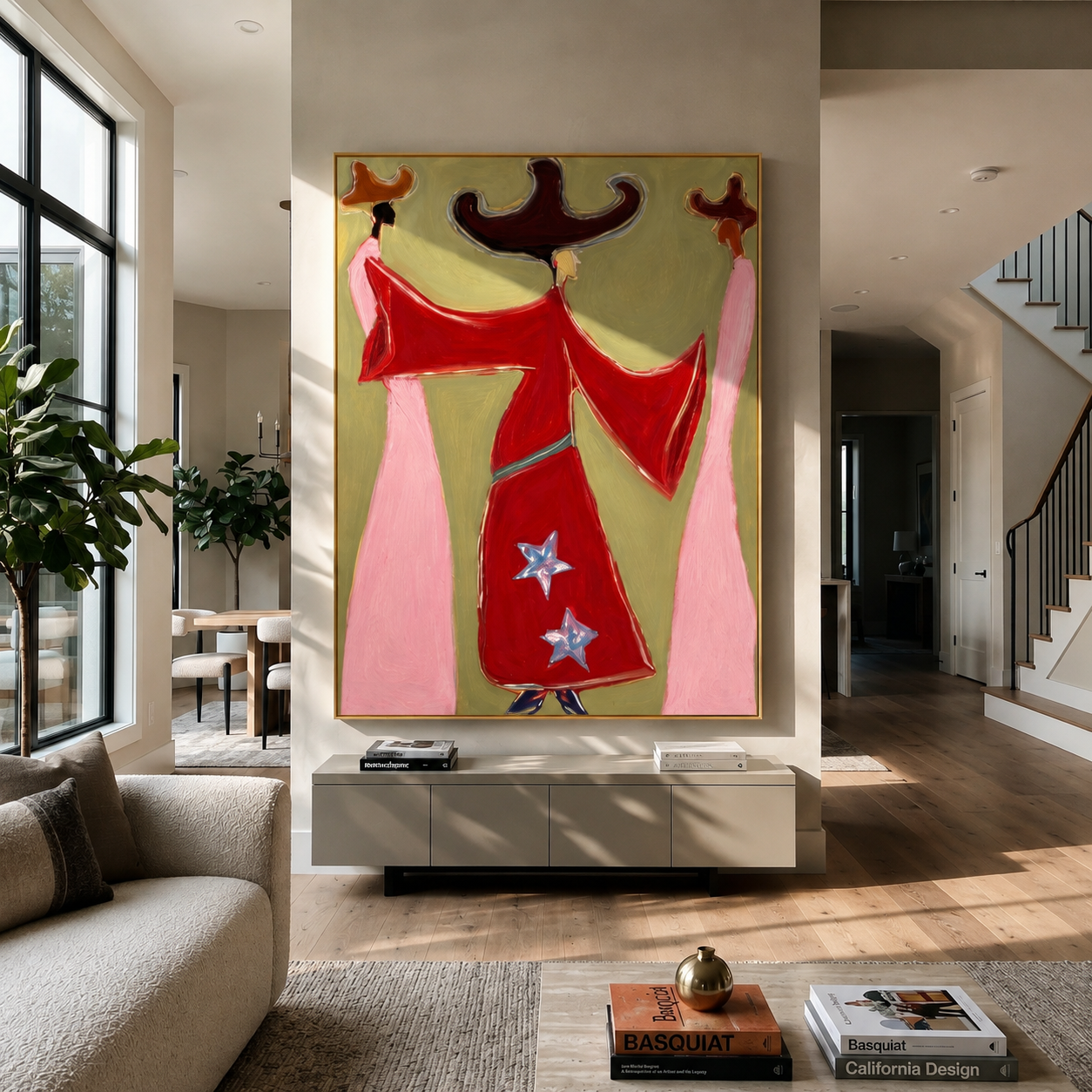 Red Coats Turn the Wind - three cowgirl fashion figures painting by Savannah Reed, modern folk art vertical wall art – styled room scene view 1