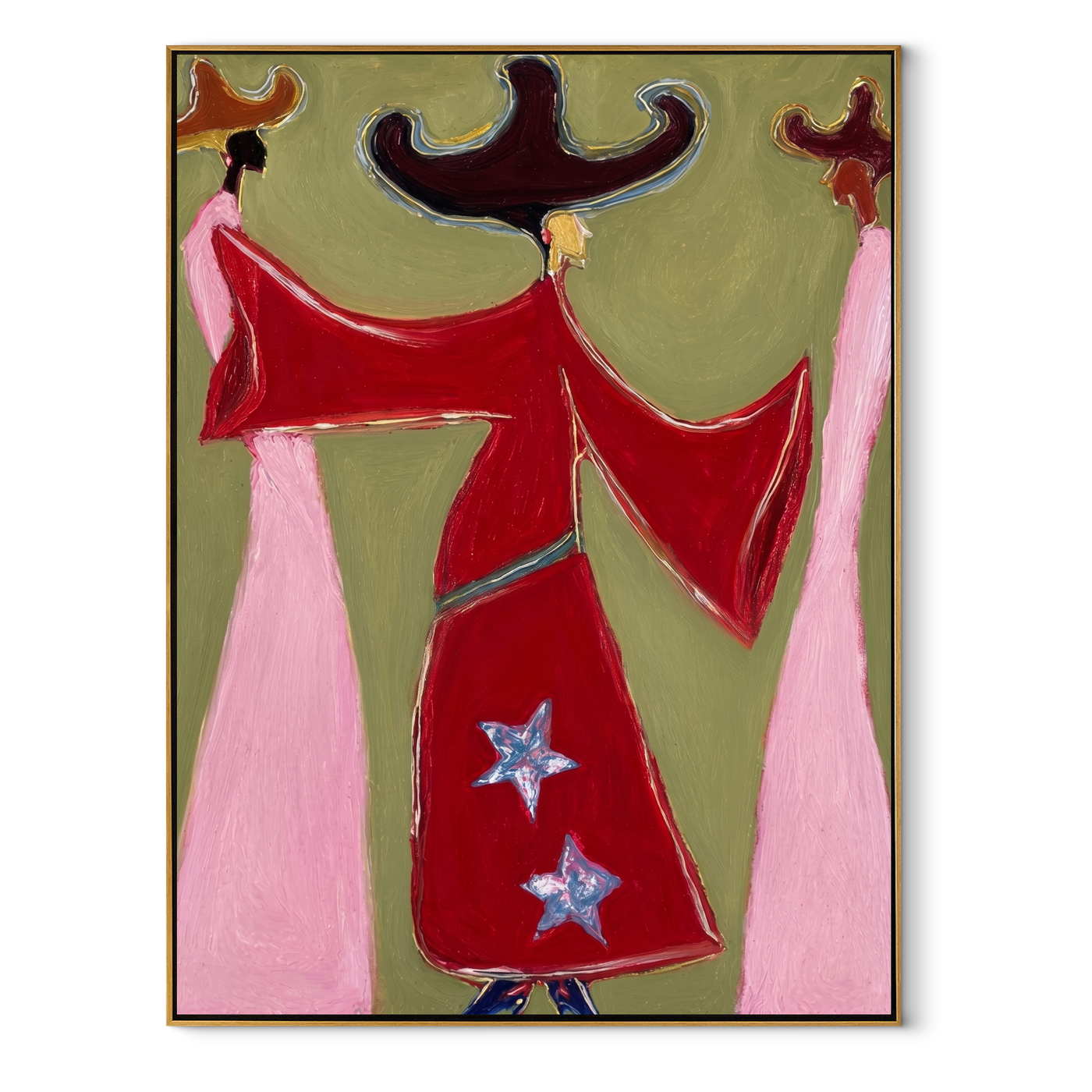 Red Coats Turn the Wind - three cowgirl fashion figures painting by Savannah Reed, modern folk art vertical wall art – wood frame on white background