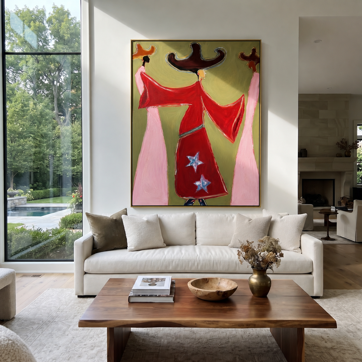Red Coats Turn the Wind - three cowgirl fashion figures painting by Savannah Reed, modern folk art vertical wall art – styled room scene view 2