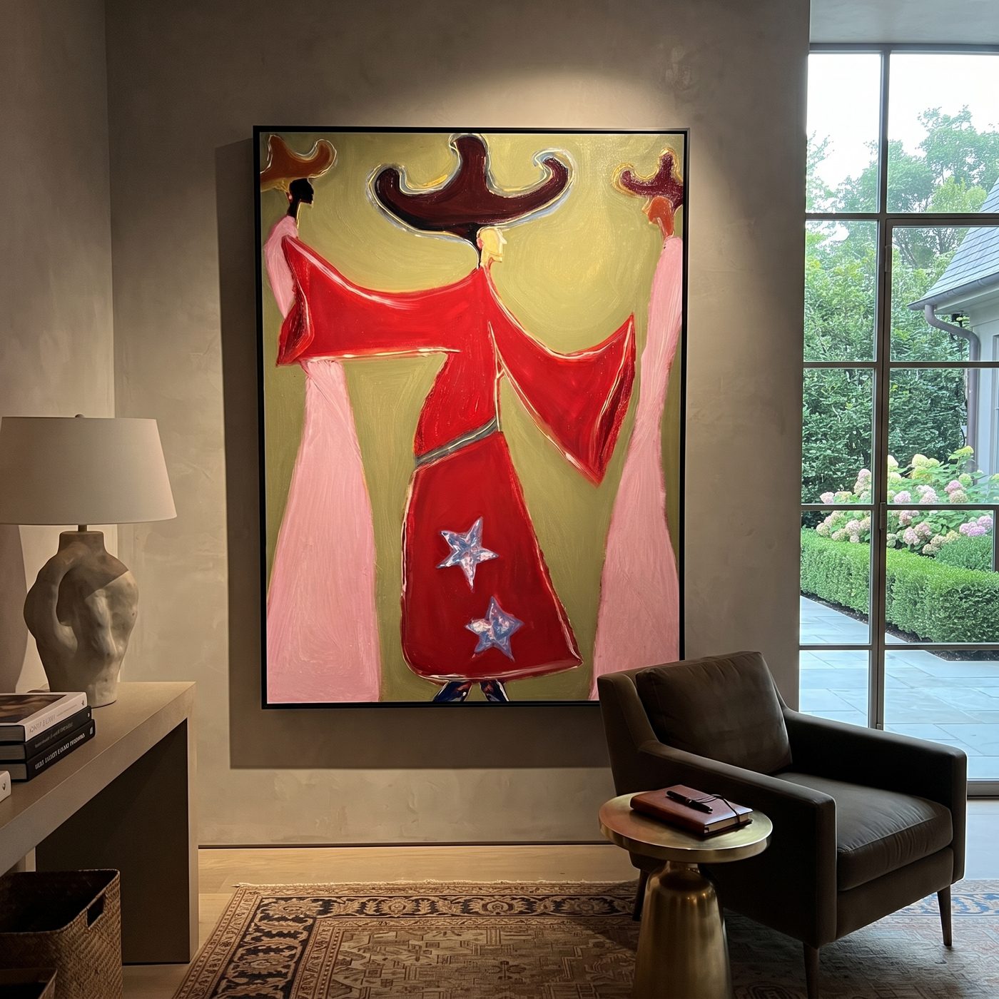 Red Coats Turn the Wind - three cowgirl fashion figures painting by Savannah Reed, modern folk art vertical wall art – styled room scene view 3