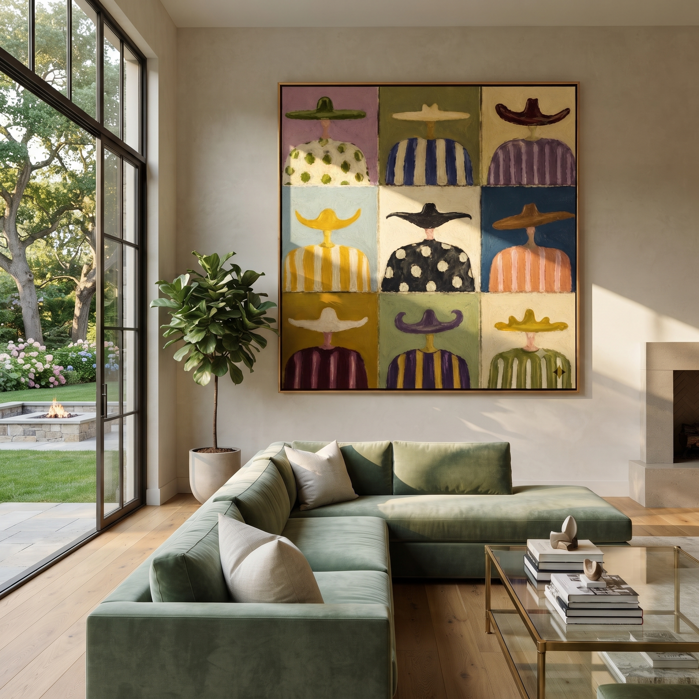 Nine Hats Keep Their Stories - cowboy portrait grid painting by Savannah Reed, modern folk art square wall art – styled room scene view 1
