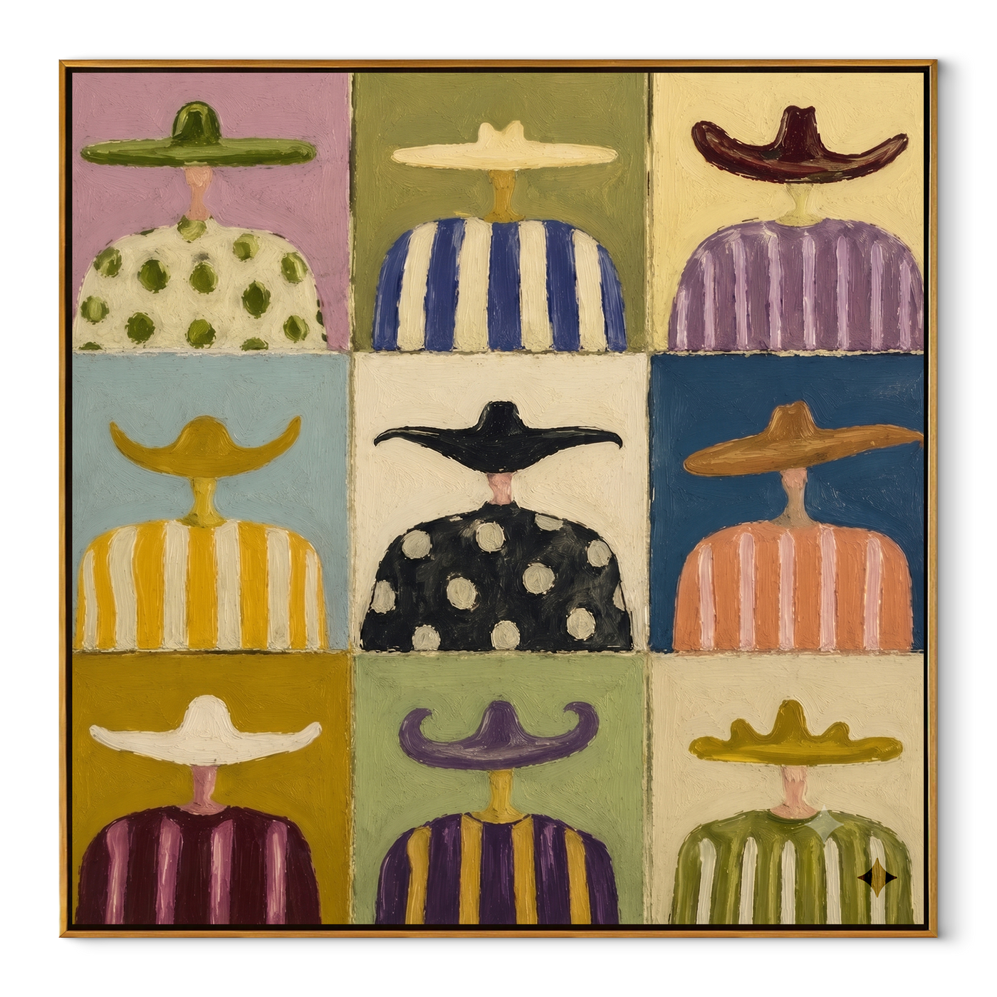 Nine Hats Keep Their Stories - cowboy portrait grid painting by Savannah Reed, modern folk art square wall art – wood frame on white background