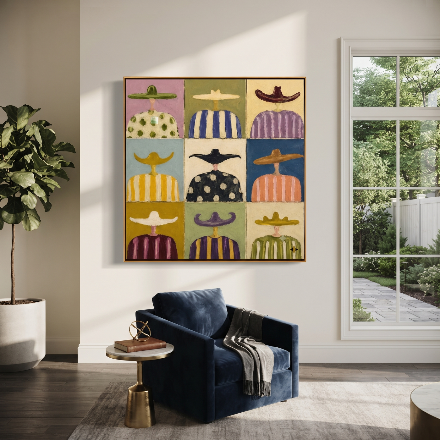 Nine Hats Keep Their Stories - cowboy portrait grid painting by Savannah Reed, modern folk art square wall art – styled room scene view 2