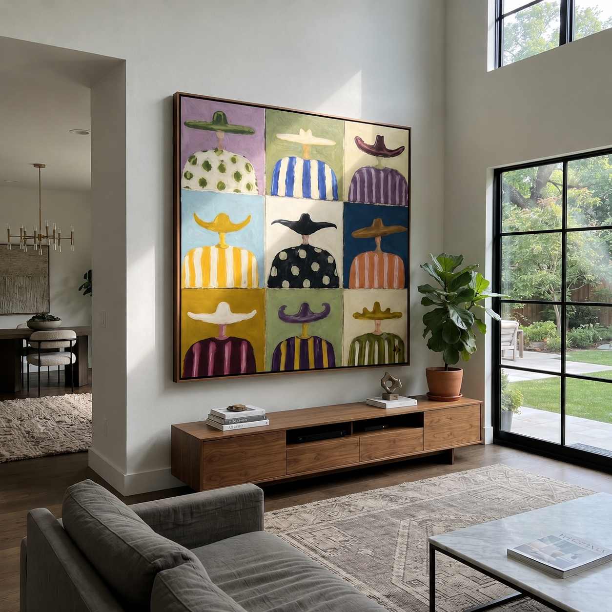 Nine Hats Keep Their Stories - cowboy portrait grid painting by Savannah Reed, modern folk art square wall art – styled room scene view 3