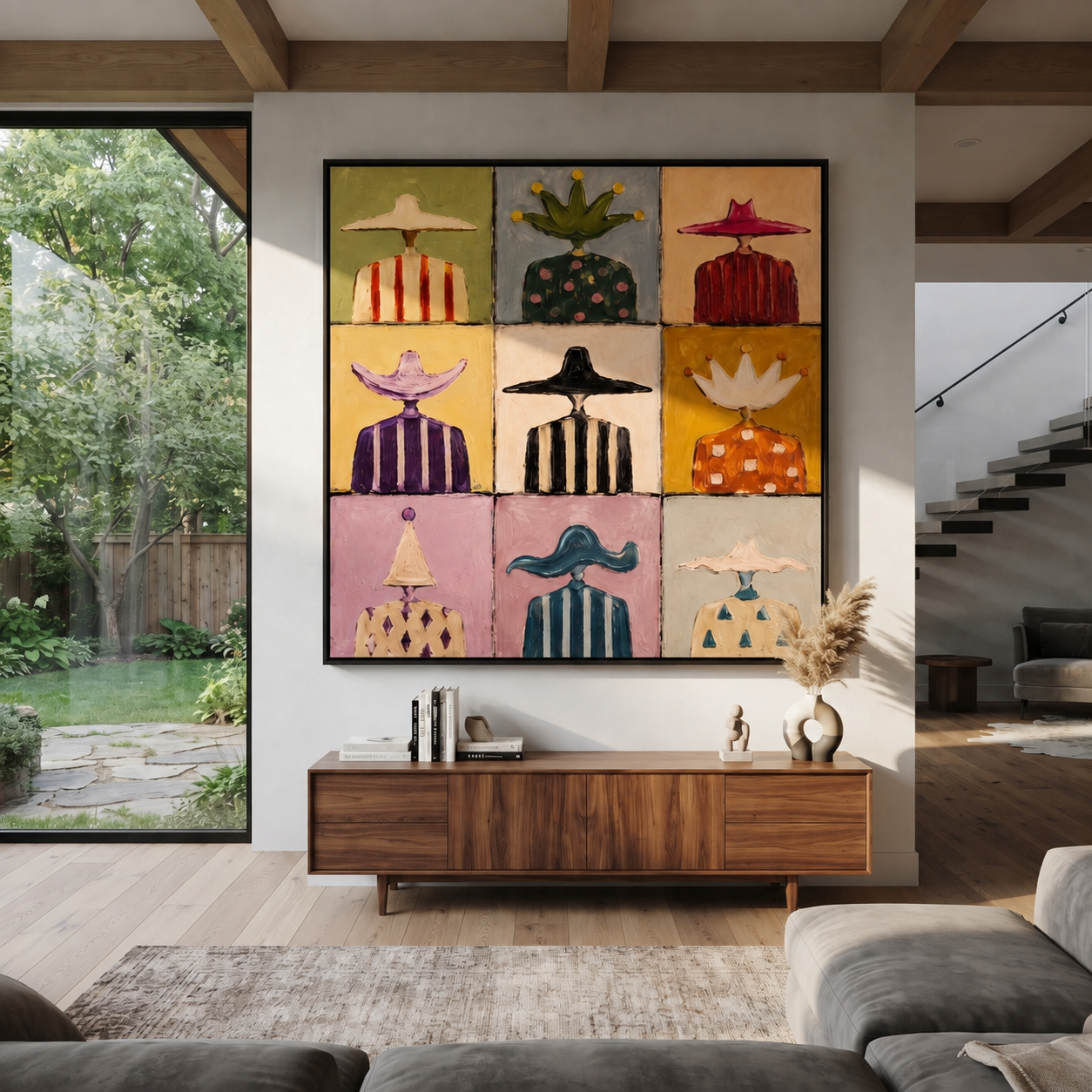 Crowns Join the Hats - nine western figures grid painting by Savannah Reed, modern folk art square wall art – styled room scene view 1