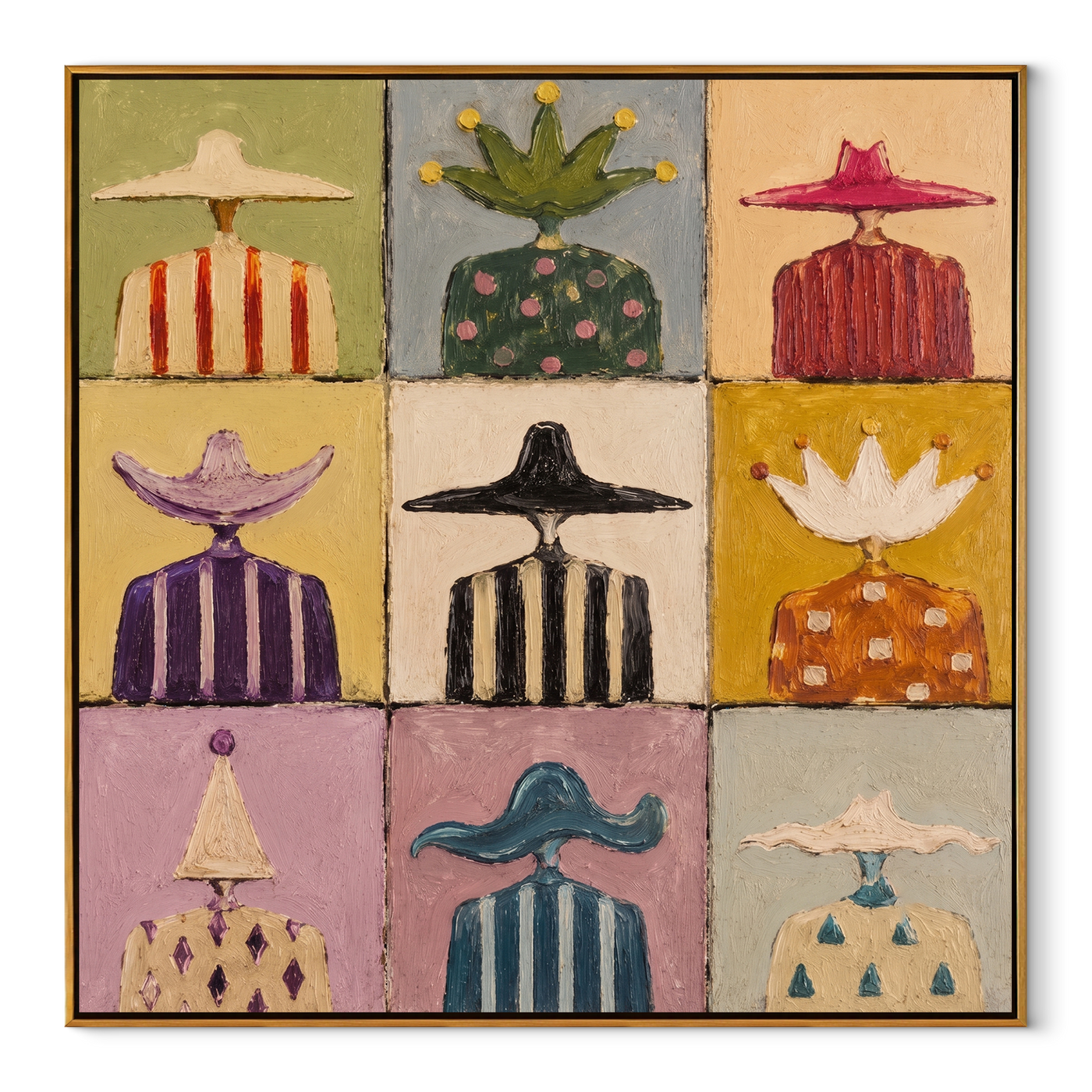 Crowns Join the Hats - nine western figures grid painting by Savannah Reed, modern folk art square wall art – wood frame on white background