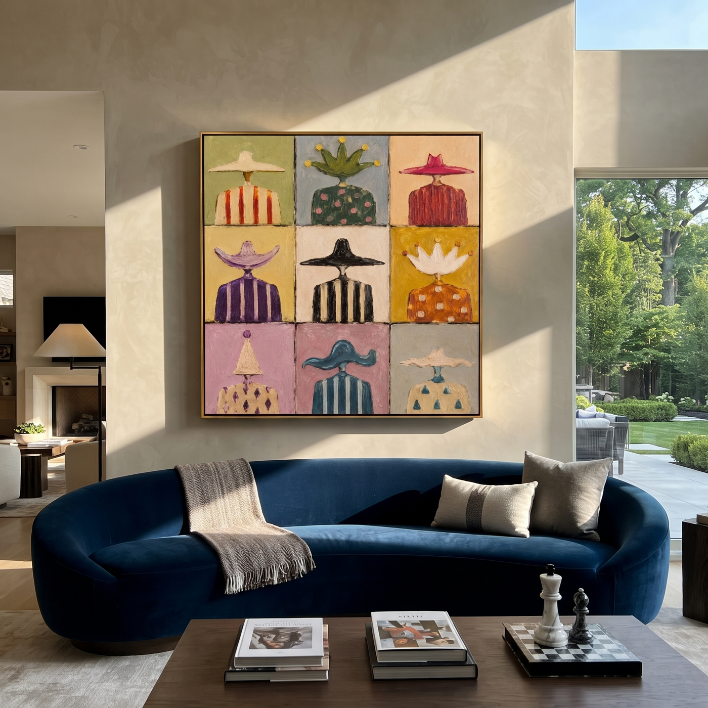 Crowns Join the Hats - nine western figures grid painting by Savannah Reed, modern folk art square wall art – styled room scene view 2