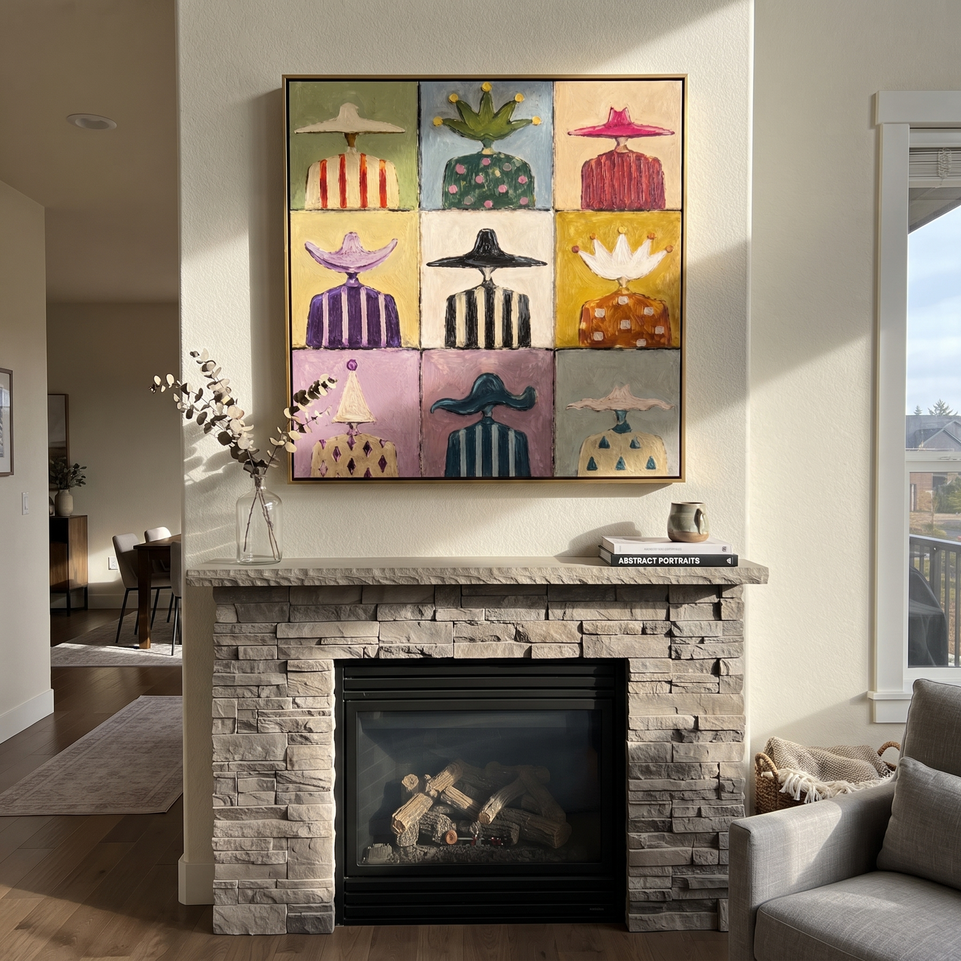 Crowns Join the Hats - nine western figures grid painting by Savannah Reed, modern folk art square wall art – styled room scene view 3