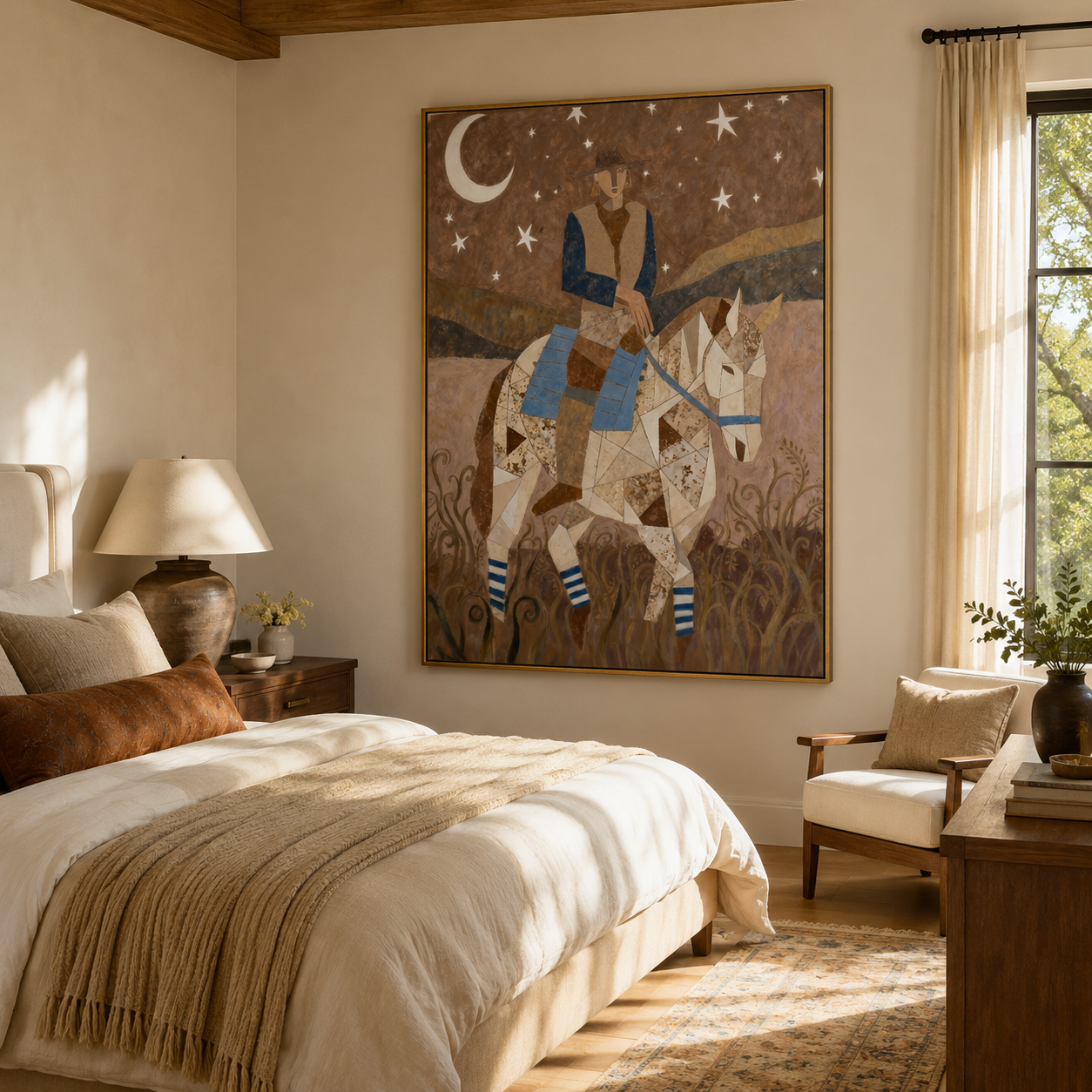 Moon Rider Crosses Silence - geometric cowboy horse painting by Savannah Reed, modern folk art vertical wall art – styled room scene view 1