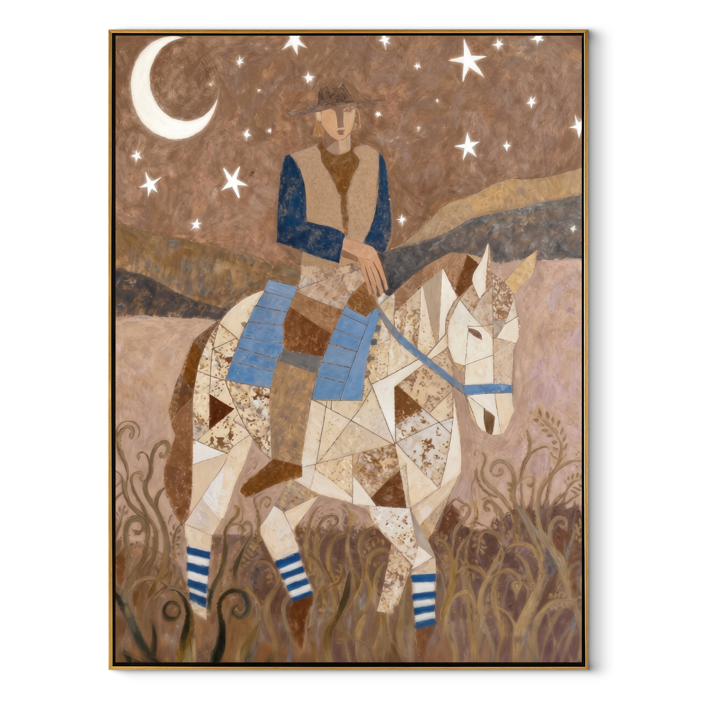 Moon Rider Crosses Silence - geometric cowboy horse painting by Savannah Reed, modern folk art vertical wall art – wood frame on white background