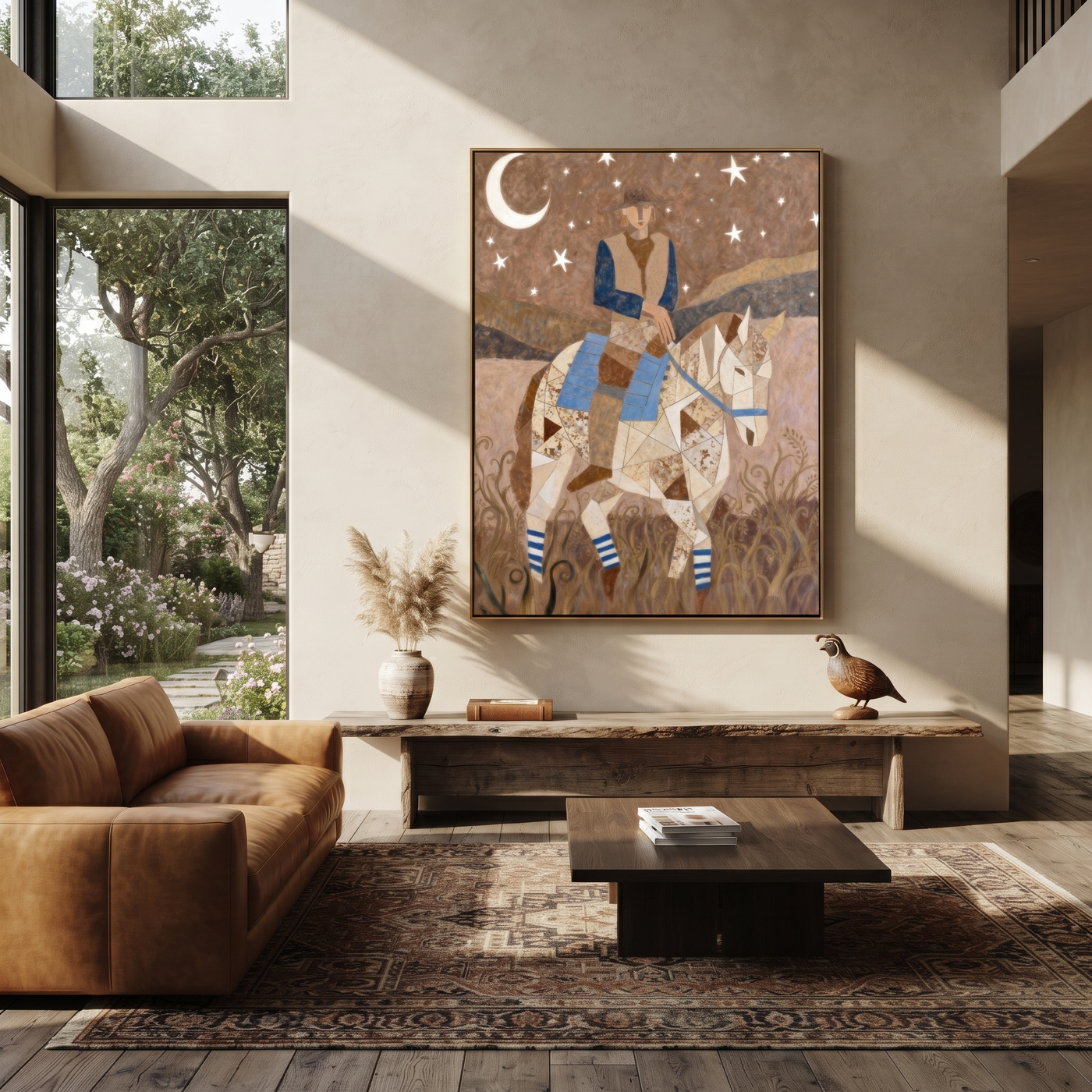 Moon Rider Crosses Silence - geometric cowboy horse painting by Savannah Reed, modern folk art vertical wall art – styled room scene view 2