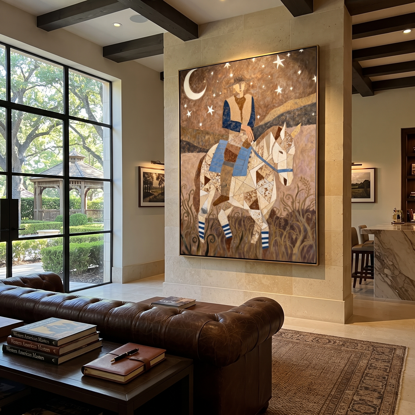 Moon Rider Crosses Silence - geometric cowboy horse painting by Savannah Reed, modern folk art vertical wall art – styled room scene view 3