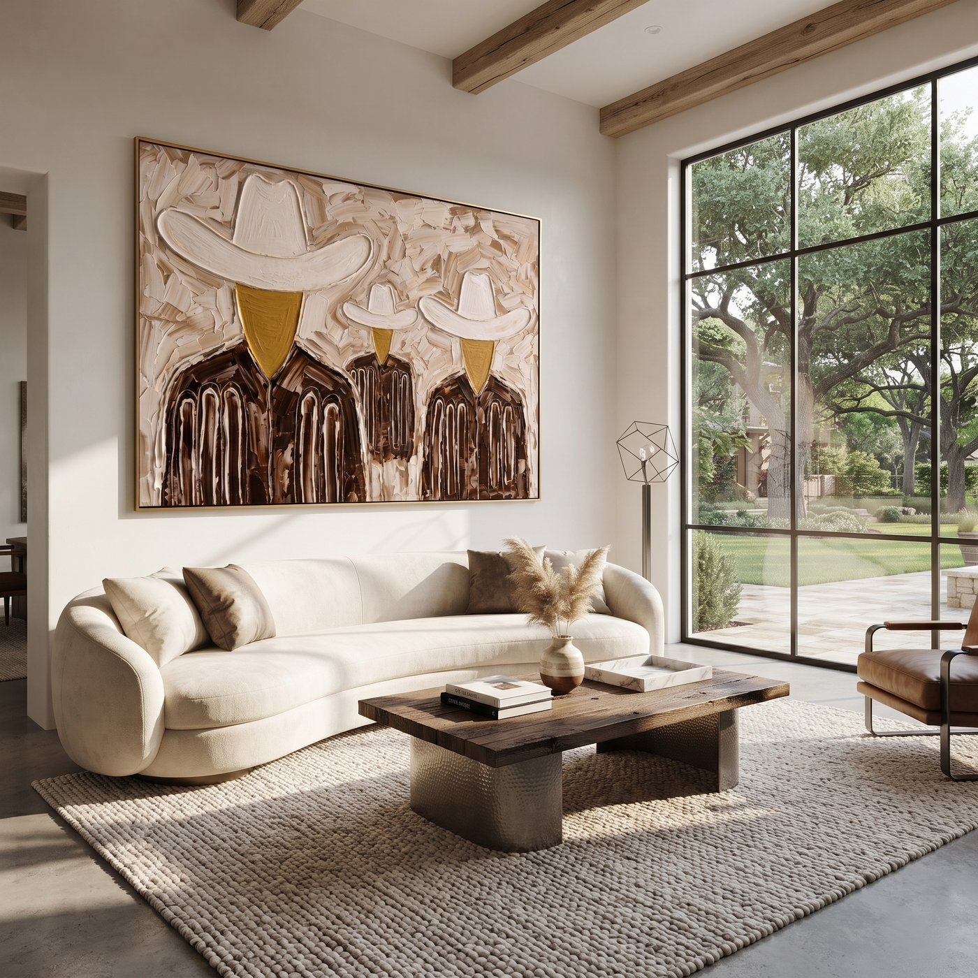 White Hats Share Shadow - three textured cowboy portraits painting by Savannah Reed, modern folk art horizontal wall art – styled room scene view 1