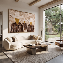 White Hats Share Shadow - three textured cowboy portraits painting by Savannah Reed, modern folk art horizontal wall art – styled room scene view 1