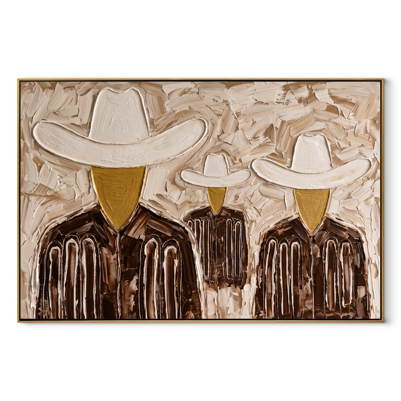 White Hats Share Shadow - three textured cowboy portraits painting by Savannah Reed, modern folk art horizontal wall art – wood frame on white background