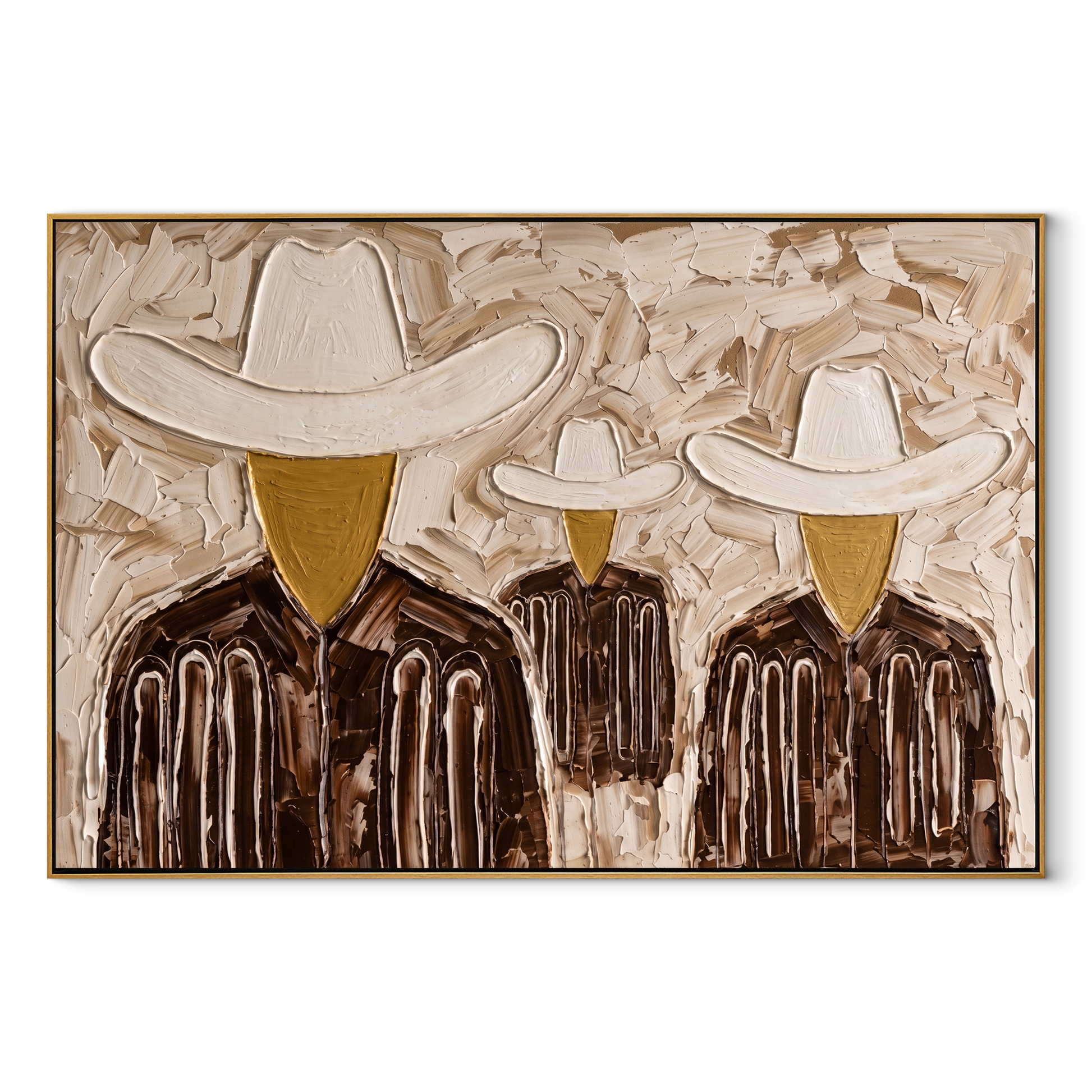 White Hats Share Shadow - three textured cowboy portraits painting by Savannah Reed, modern folk art horizontal wall art – wood frame on white background