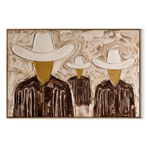 White Hats Share Shadow - three textured cowboy portraits painting by Savannah Reed, modern folk art horizontal wall art – wood frame on white background