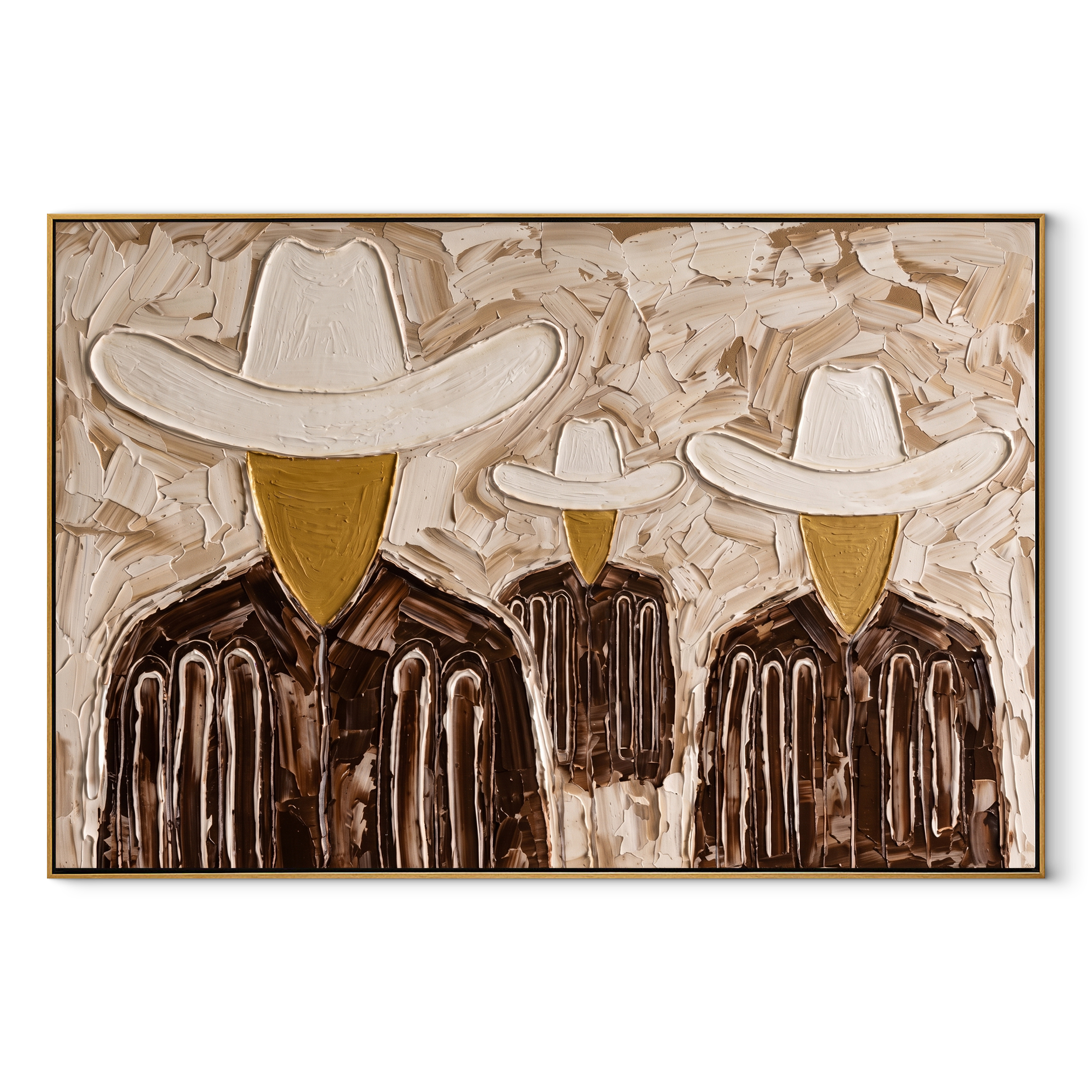 White Hats Share Shadow - three textured cowboy portraits painting by Savannah Reed, modern folk art horizontal wall art – wood frame on white background