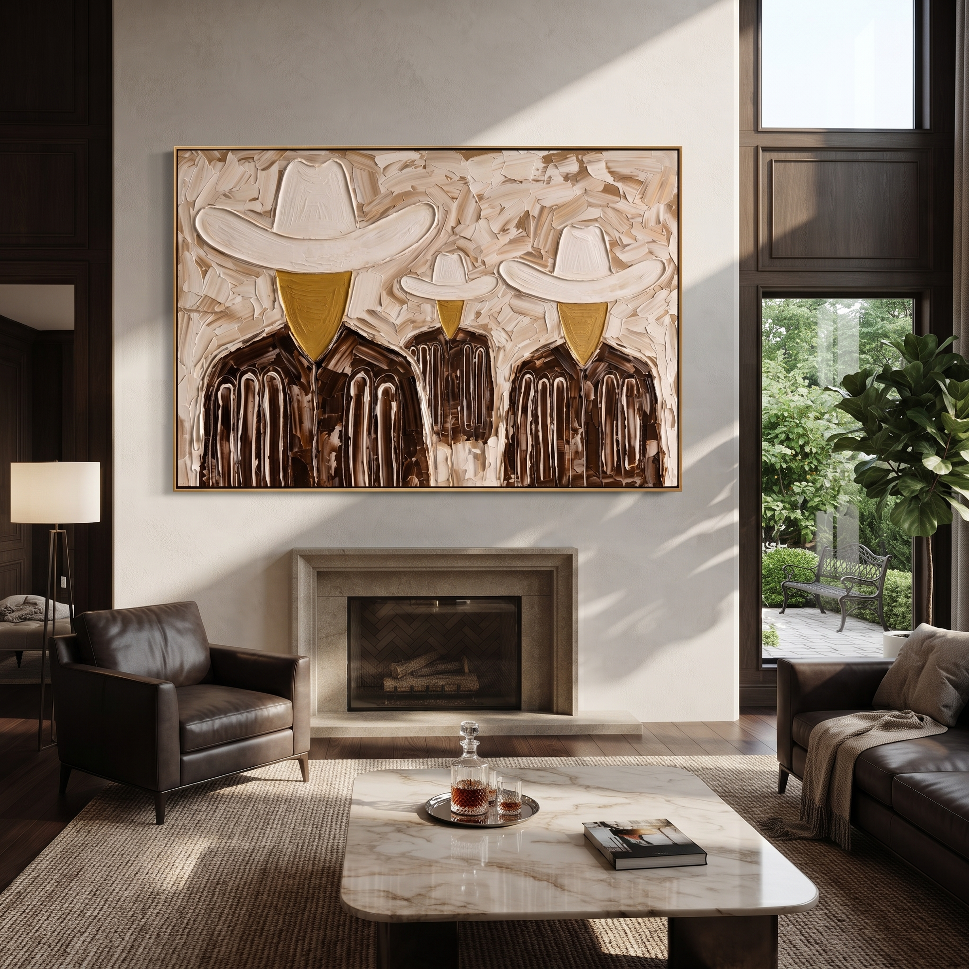 White Hats Share Shadow - three textured cowboy portraits painting by Savannah Reed, modern folk art horizontal wall art – styled room scene view 2