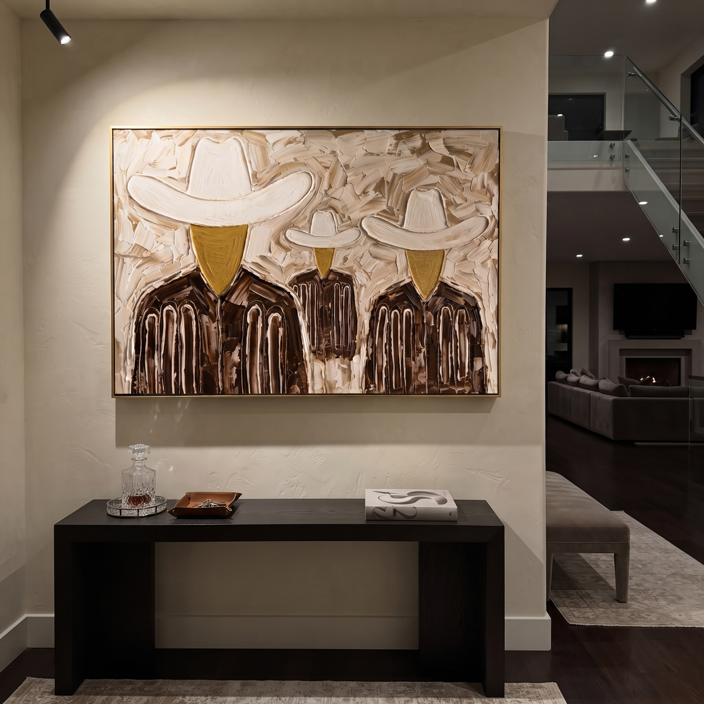 White Hats Share Shadow - three textured cowboy portraits painting by Savannah Reed, modern folk art horizontal wall art – styled room scene view 3