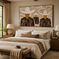 White Hats Share Shadow - three textured cowboy portraits painting by Savannah Reed, modern folk art horizontal wall art – styled room scene view 4