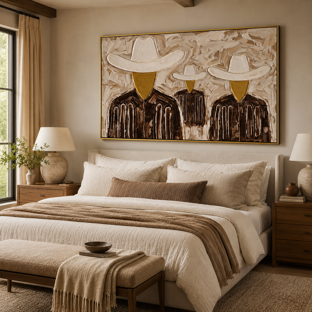 White Hats Share Shadow - three textured cowboy portraits painting by Savannah Reed, modern folk art horizontal wall art – styled room scene view 4