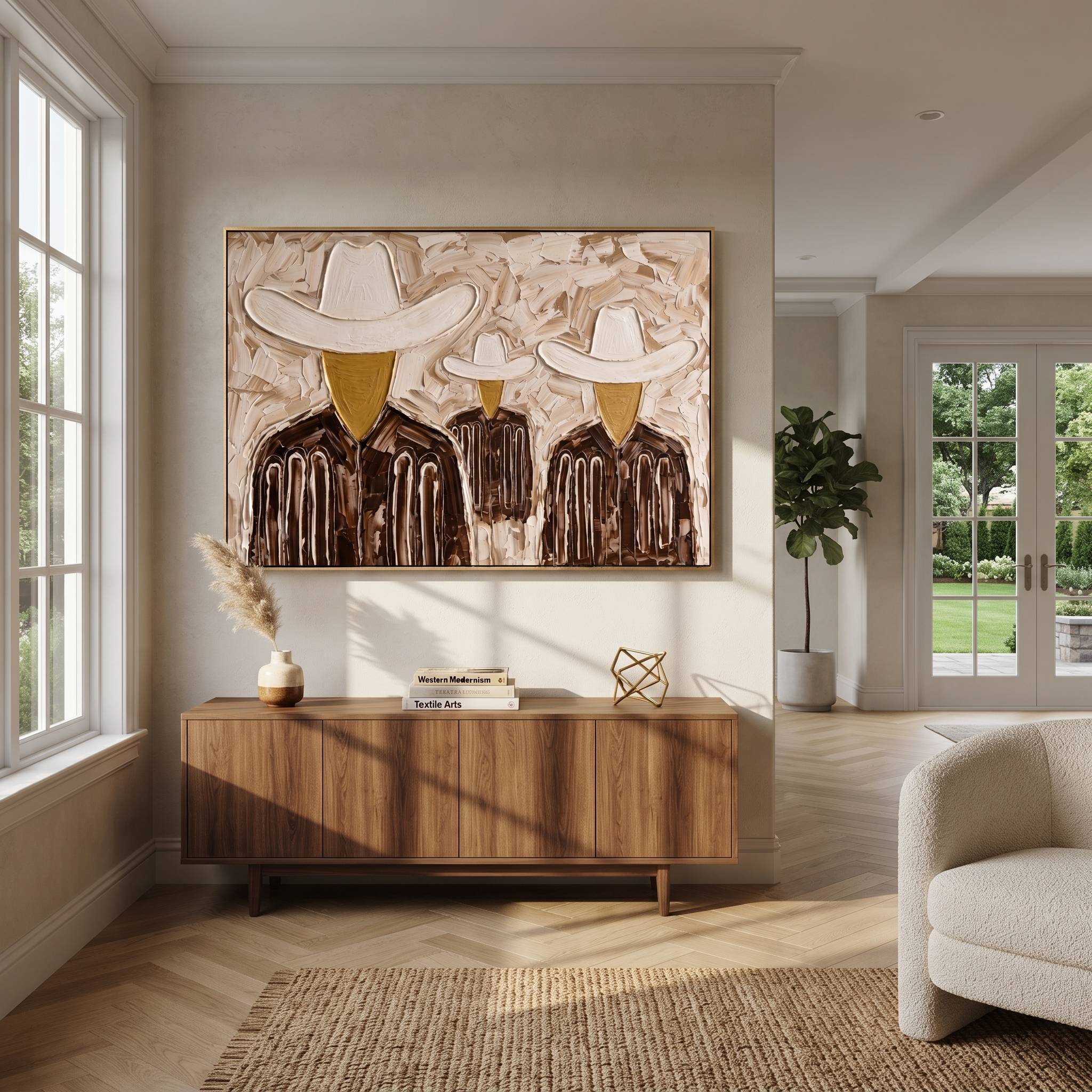 White Hats Share Shadow - three textured cowboy portraits painting by Savannah Reed, modern folk art horizontal wall art – styled room scene view 5