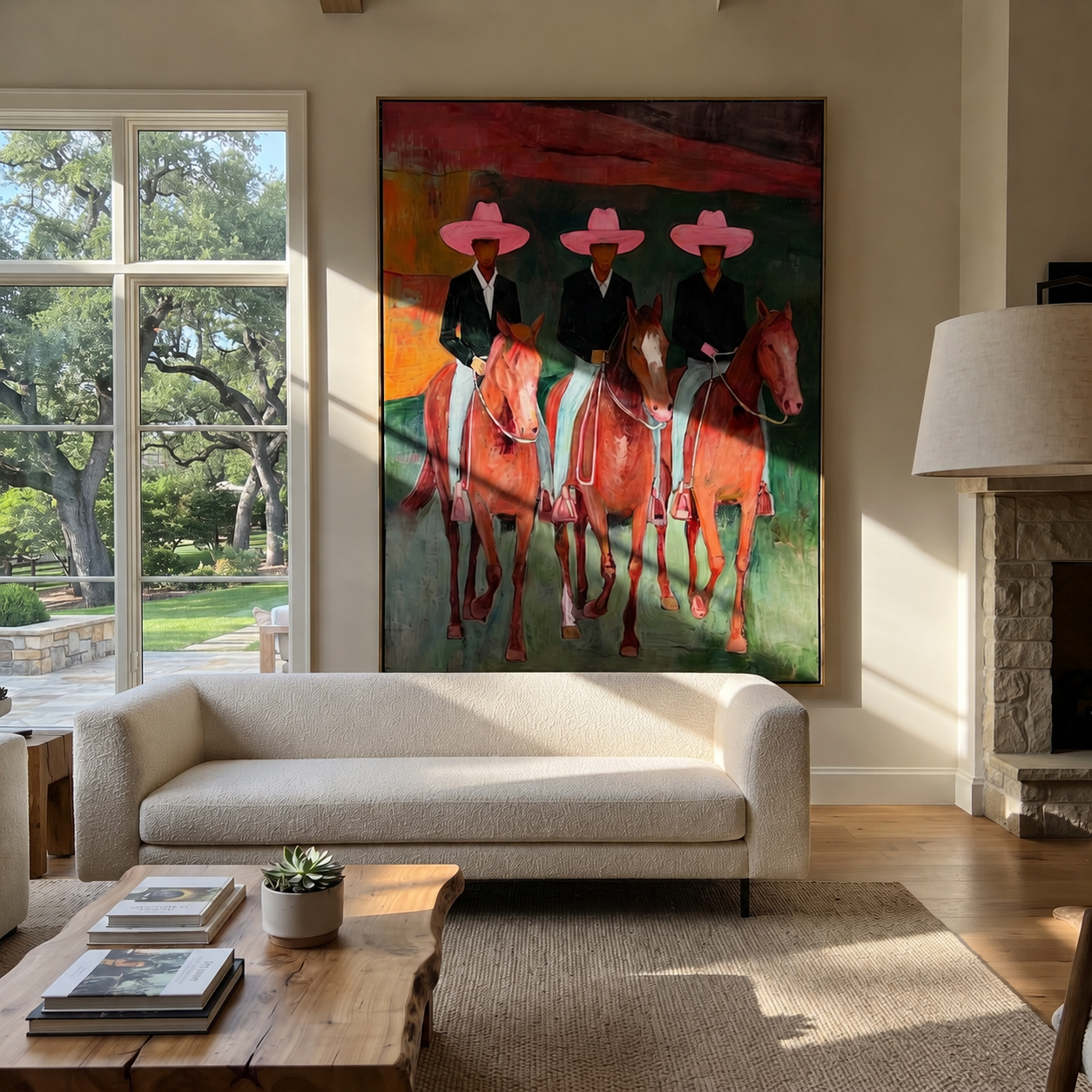 Pink Hats Ride Together - three cowboy riders painting by Savannah Reed, modern folk art vertical wall art – styled room scene view 1
