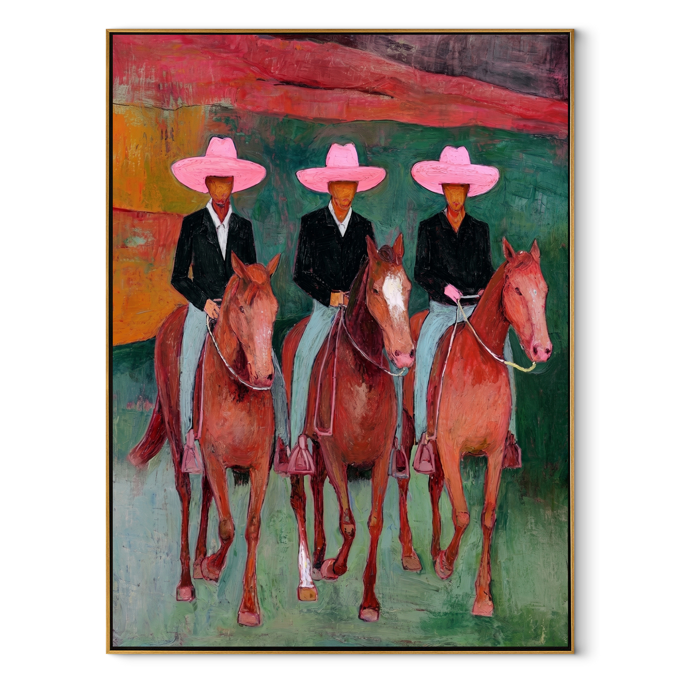 Pink Hats Ride Together - three cowboy riders painting by Savannah Reed, modern folk art vertical wall art – wood frame on white background