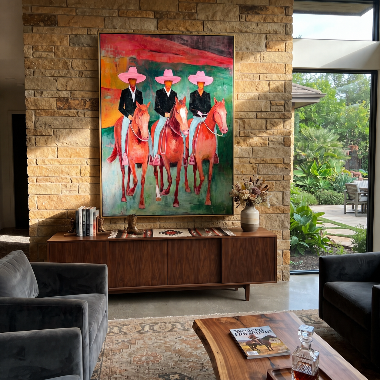 Pink Hats Ride Together - three cowboy riders painting by Savannah Reed, modern folk art vertical wall art – styled room scene view 2