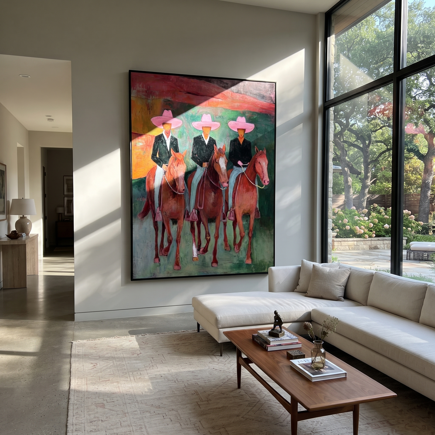 Pink Hats Ride Together - three cowboy riders painting by Savannah Reed, modern folk art vertical wall art – styled room scene view 3